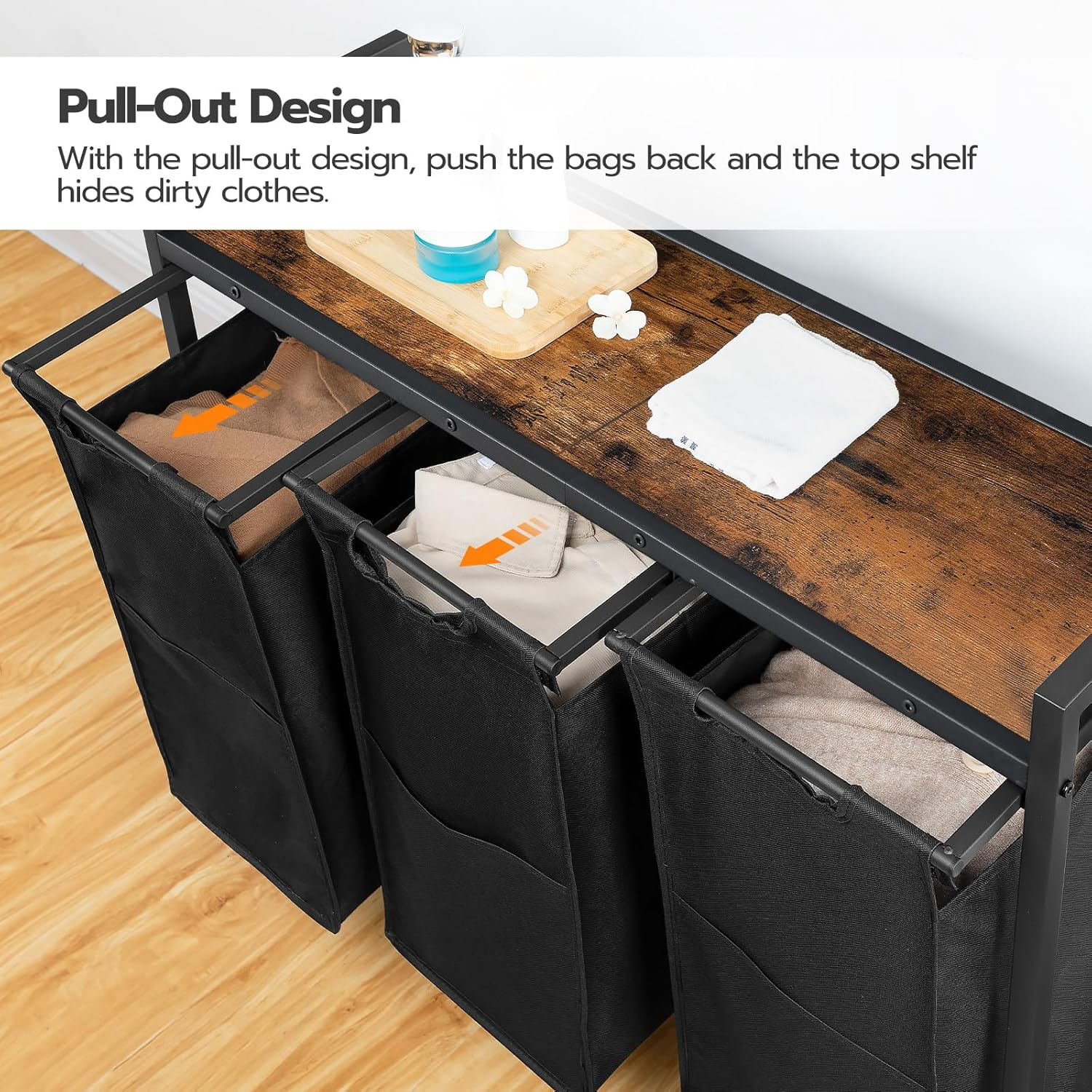 HOOBRO Laundry Sorter 3 Section,Rolling Laundry Hamper with Wheels, 3 &times; 11.5 Gal (43.5 L), Pull-Out and Removable Oxford Fabric Laundry Bags, Rustic Brown and Black BF76XY01 image number 4