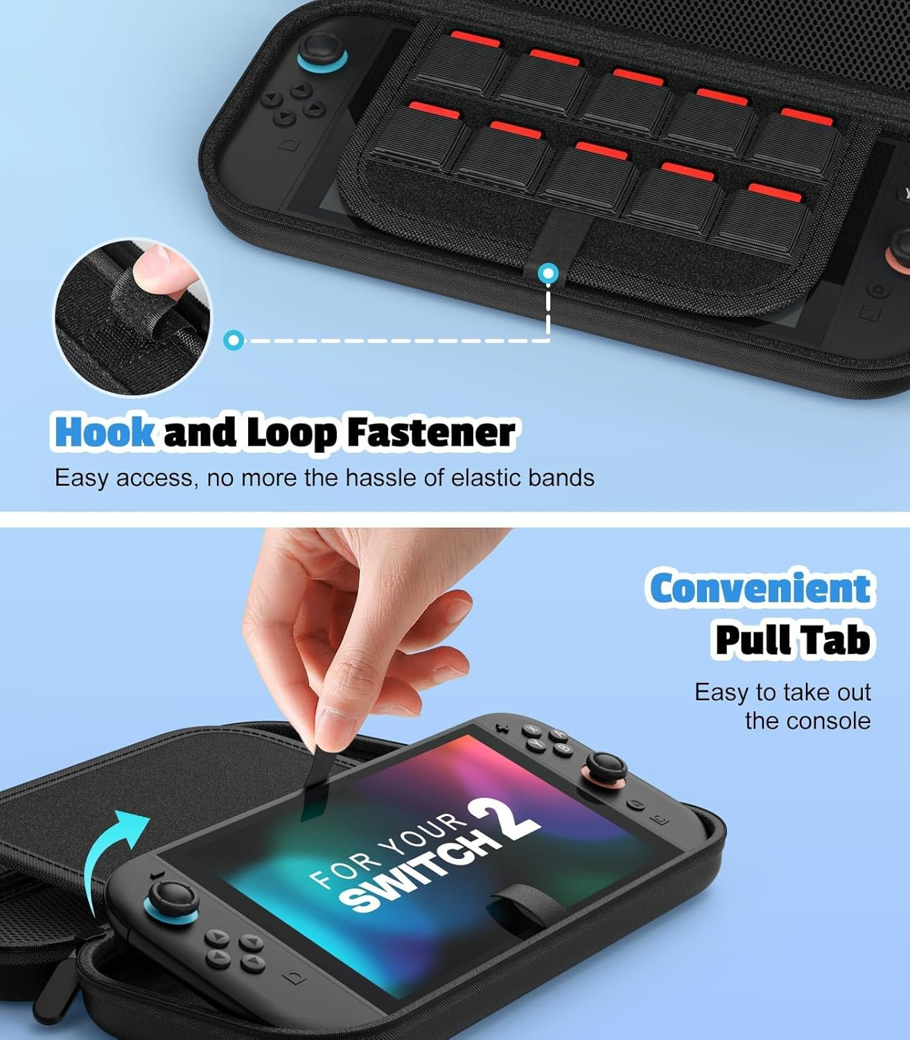 Carry Case for Nintendo Switch 2 (2025), Funcyboo Hard Shell Travel Case with 10 Game Card Slots Lightweight and Large EVA Travel Pouch Carry Hand Bag Pouch Accessories for Switch 2 -Black image number 4