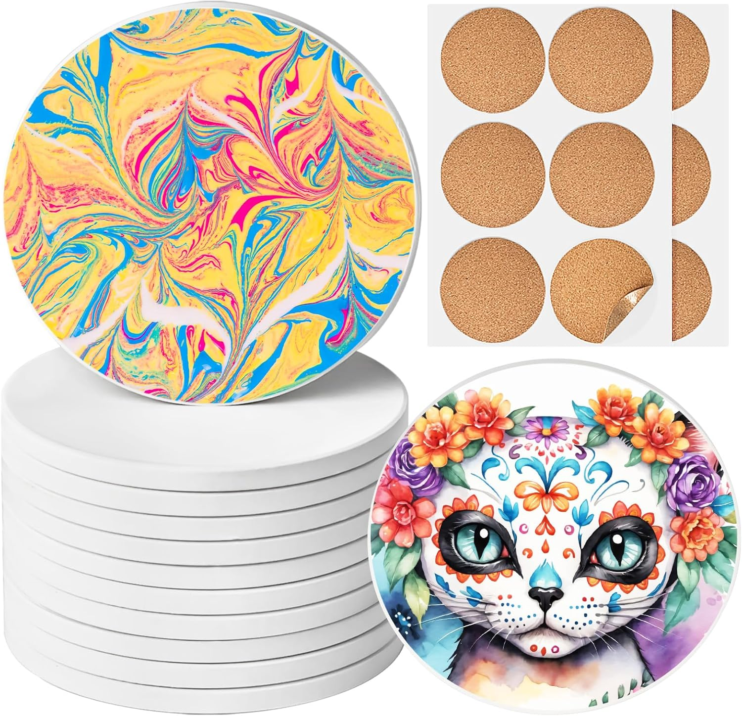 Ceramic Tile for Crafts Coasters, GOH DODD 12 Pack 4 Inch Blank Coasters Unglazed Ceramic White Tiles with 12 Pack Cork Backing Pads for Painting, Alcohol Ink, Acrylic Pouring, DIY, Mosaics, Square