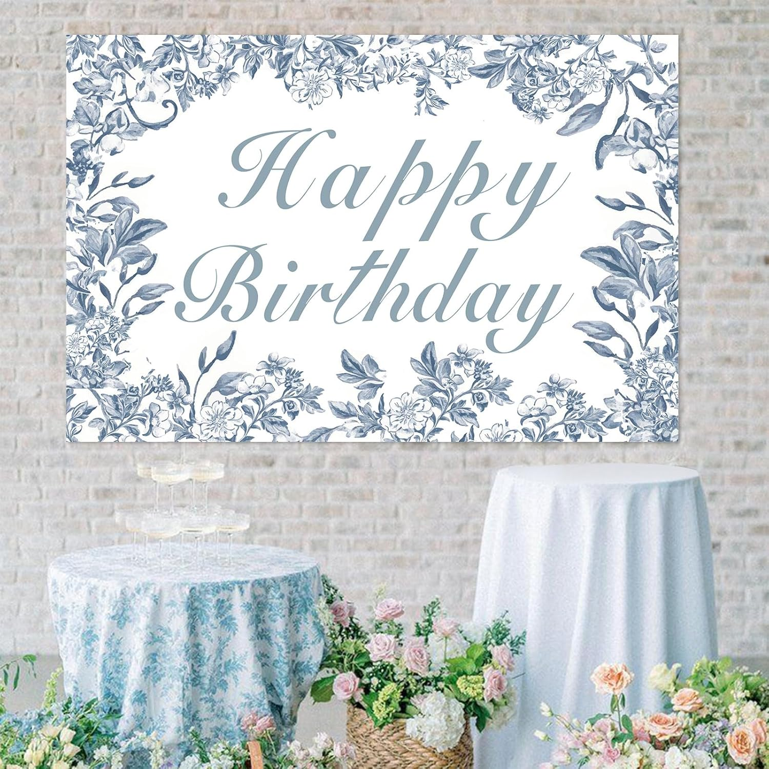 Wonmelody Blue Chinoiserie Birthday Decor 5 * 3Ft Blue Chinoiserie Happy Birthday Backdrop Banner Blue White Floral Backdrop Vintage Floral Party Decor for Chinoiserie Birthday Wedding Bridal Shower