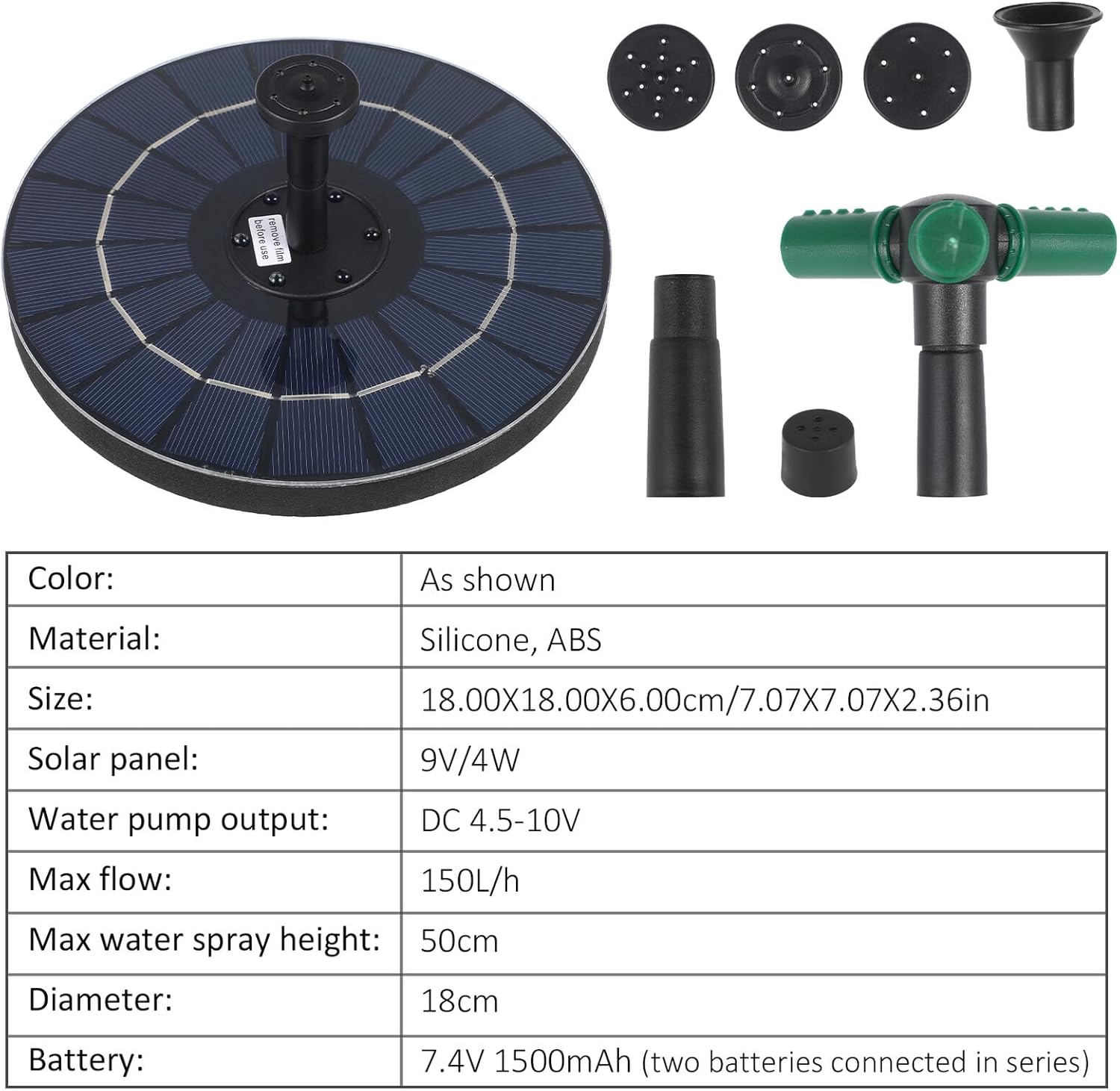 UPKOCH Solar Fountain Pump RGB Color Lights Floating Solar Powered Fountain Garden Pools Baths Multi-Head Outdoor Decor image number 3