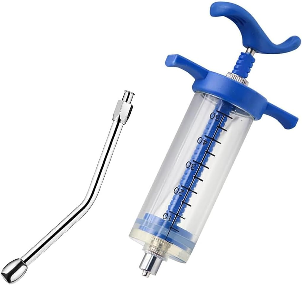 1 Set Feeding Syringe with Drench Nozzle Adjustable Dosage Reusable Drench Gun Syringe for Goat, Horse, Sheep, Dog, Pig, Cat, Bird, Small Pet (M-50Ml)