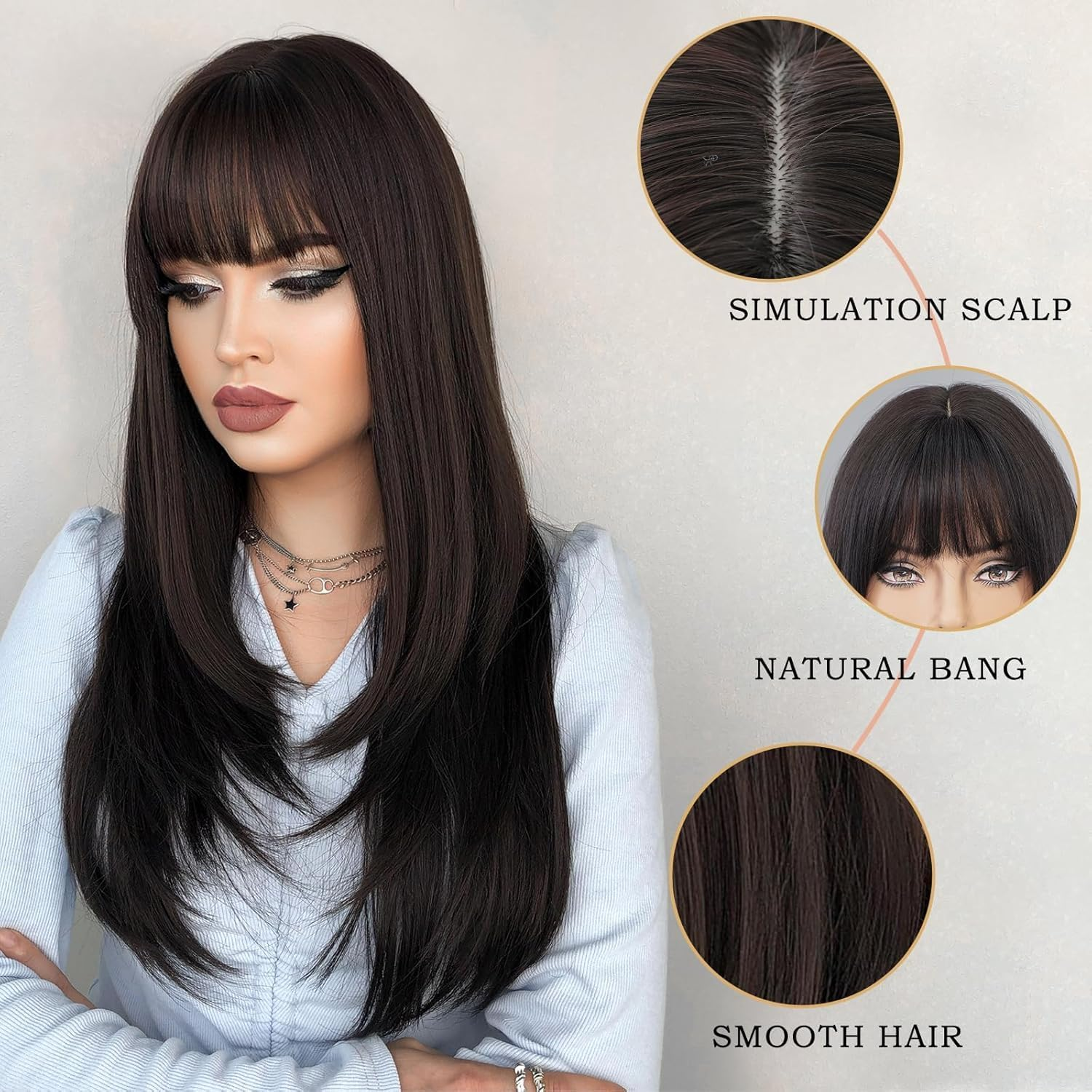 XILIYAI Long Black Straight Wigs for Women 26 Inch Glueless Realistic Synthetic Wig with Bangs Heat Resistant Natural Layered Wig for Girls Daily Party Cosplay - Black-Wavy image number 4
