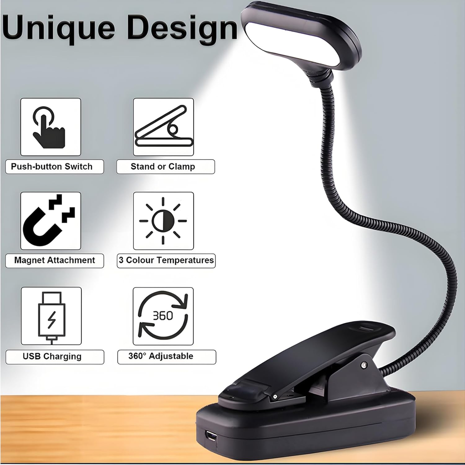 Clip on Book Light,Led Book Light, Rechargeable Reading Light,360&deg; Flexible Book for Reading at Night, Eye Caring 3 Color Temperatures,10 Hrs Runtime for Kids,Bed Tablet image number 1