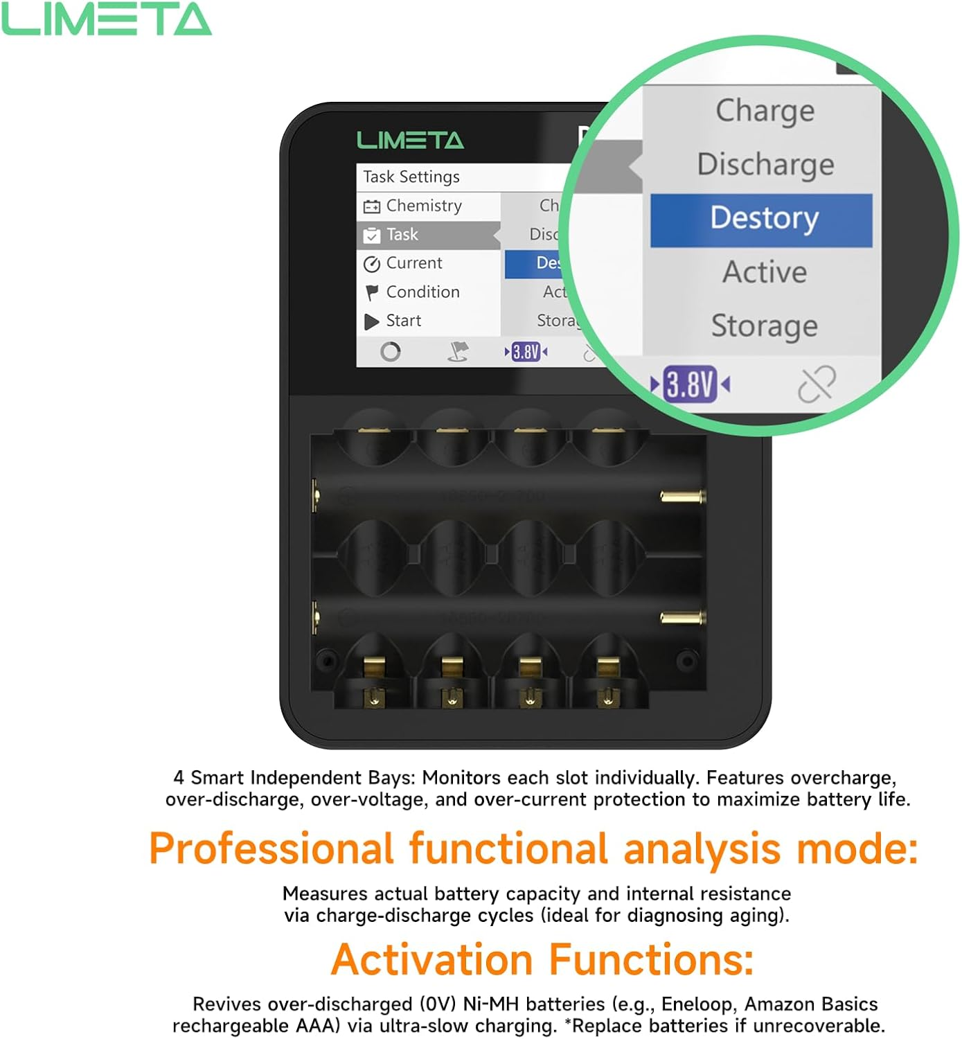 LIMETA R4EVO 6-Slot Battery Charger, Fast Smart Charger for AA/AAA/18650/21700, Ni-Mh/Ni-Cd/Ni-Zn/Li-Ion Rechargeable Batteries, 4 Bay with LCD Display, Type-C 36W Input image number 4