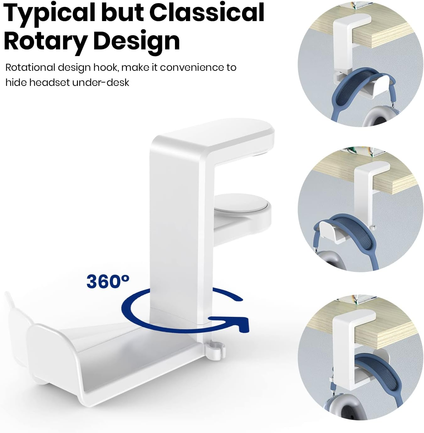 EURPMASK Choose the Color of Europe PC Gaming Headset Headphone Hook Holder Hanger Mount, Stand with Adjustable & Rotating Arm Clamp,Under Desk Design,Universal Fit,Built in Cableclip Organizer White image number 4