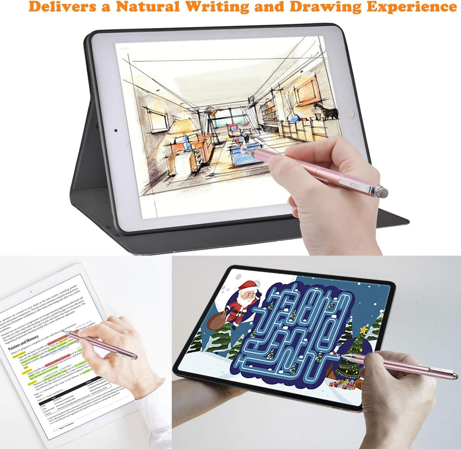 Stylists Pens for Touch Screens Ipad Iphone Android, 4-In-1 High Sensitivity and Precision Touch Screen Stylus Clear Disc Tip, Black Rubber Tip &Mesh Fiber Tip, Rose Gold - Rainbow image number 6