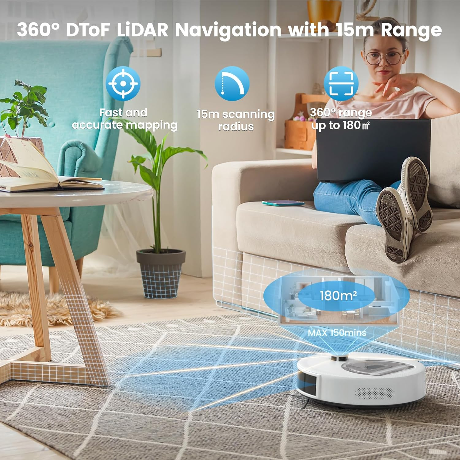 OKP L6 Aqua Robot Vacuum Cleaner and Mop, Dtof Navigation, 6000Pa Suction, 150 Mins, Custom Cleaning & 3D Mapping, PSD 190&deg; Obstacle Avoidance Tech, for Pet Hair/Carpet, App & Alexa, 2.4G & 5G Wifi image number 2