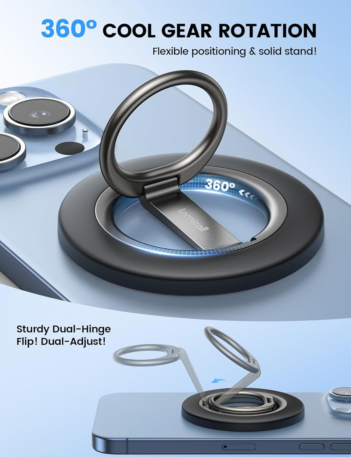 Lamicall 2025 [Stable Dual-Hinge] Magnetic Phone Grip Stand for Mag Safe, Finger Ring Holder Phone Kickstand [Super Magnet] 360&deg; Rotation Ring, Mag Safe Accessories for Iphone 17 Pro Max Air 16 15 14 image number 2