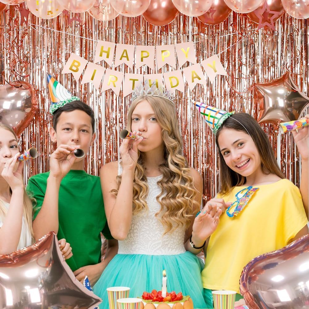 Happy Birthday Decorations for Women Rose Gold Birthday Decorations Happy Birthday Banner Fringe Curtain Butterfly Hanging Swirls Party Decorations for Girls Cupcake Toppers Foil Confetti Balloons - Blue Pink image number 4