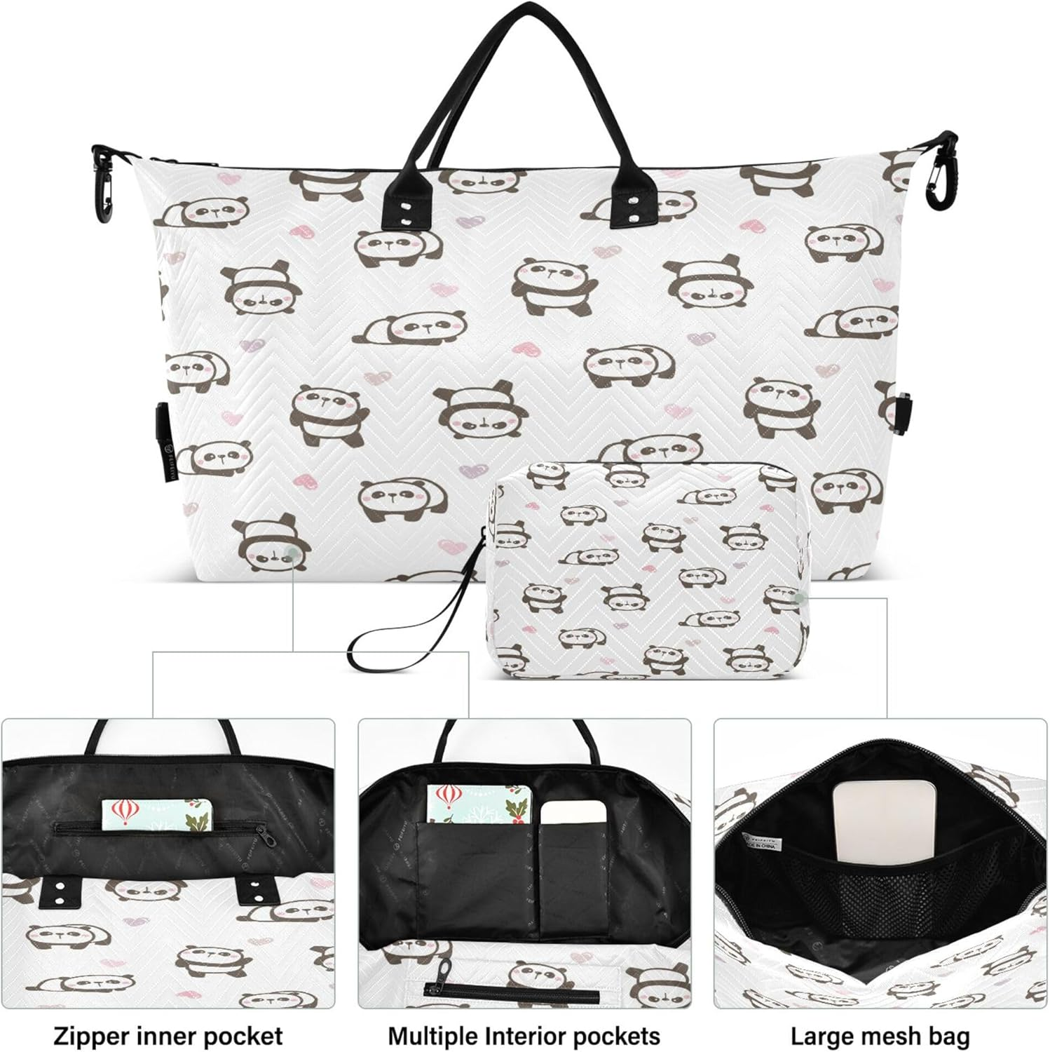 Travel Hand Bag Sport Training Bag Travel Weekender Gear Bag with Adjustable Strap for Trip Multifunctional Cute Cartoon Panda and Heart, Multi, 1 Size, Modern/Fitted, Multi, 1 Size, Modern/Fitted image number 1