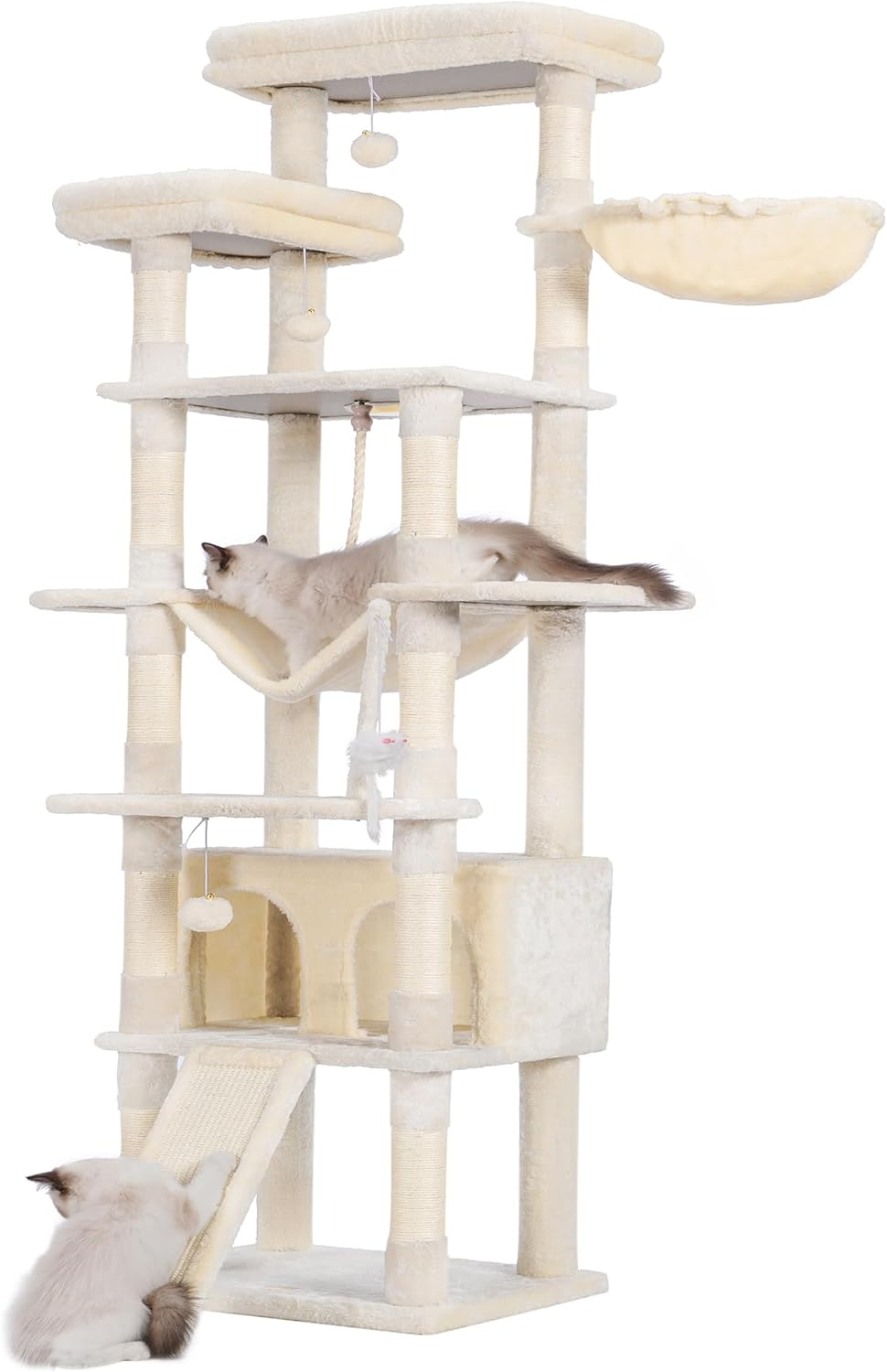 Heybly Tall Cat Tree,78 Inch Multi-Level Cat Tower for Indoor Cats,2 Widened Plush Perches Cat Condo with Scracthing Board and Big Caves,Beige HCT033M