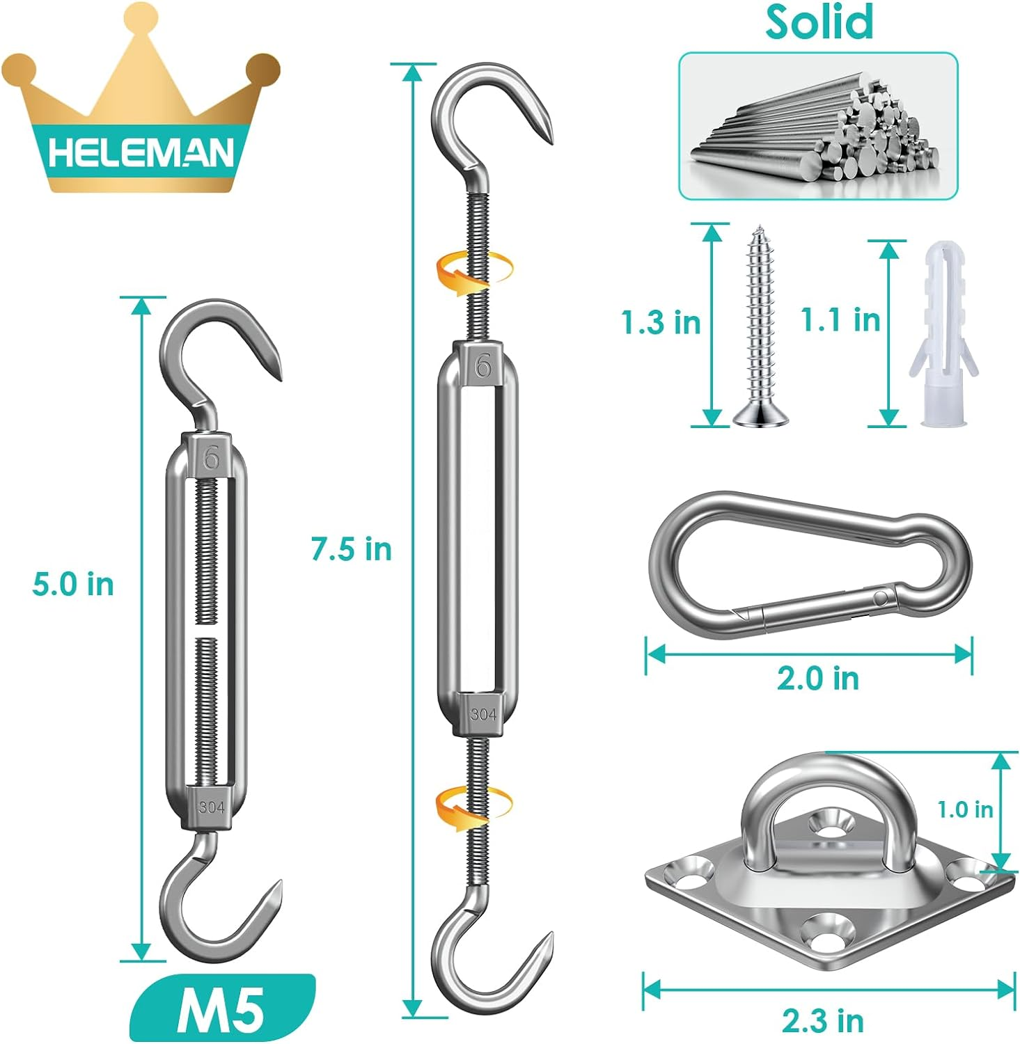 HELEMAN Shade Sail Hardware Kit 5 Inch for Rectangular/Square/Triangular Sun Shade Sail Installation in Patio Lawn and Garden, Anti-Rust Sail Shade Hardware Kit of Heavy Duty (40Pcs) image number 3