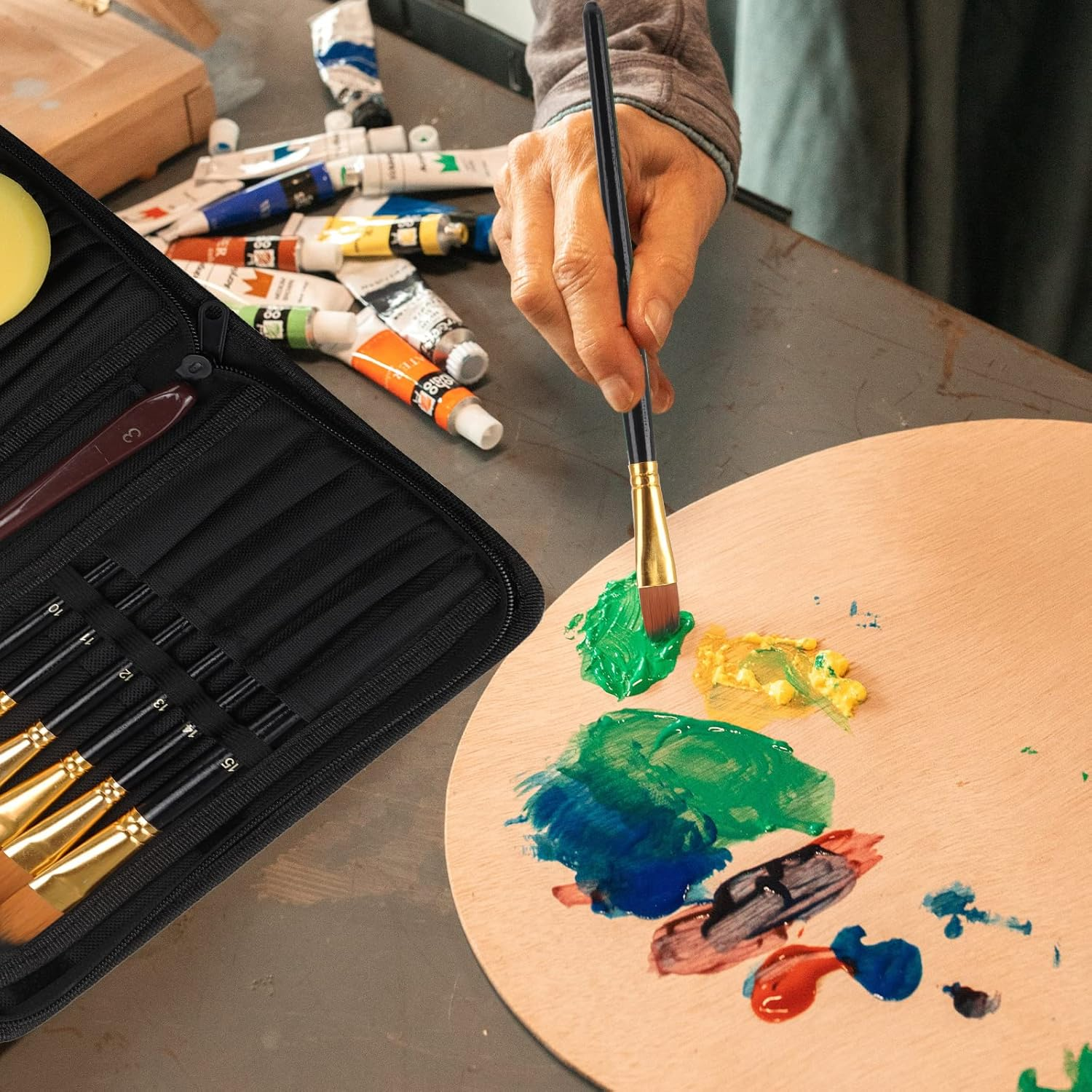 15 Pieces Paint Brush Set with 1 Palette Knife and Organizing Case - Painting Brushes for Kids, Adults or Professionals - Perfect for Your Watercolor, Oil or Acrylic Painting Art image number 2