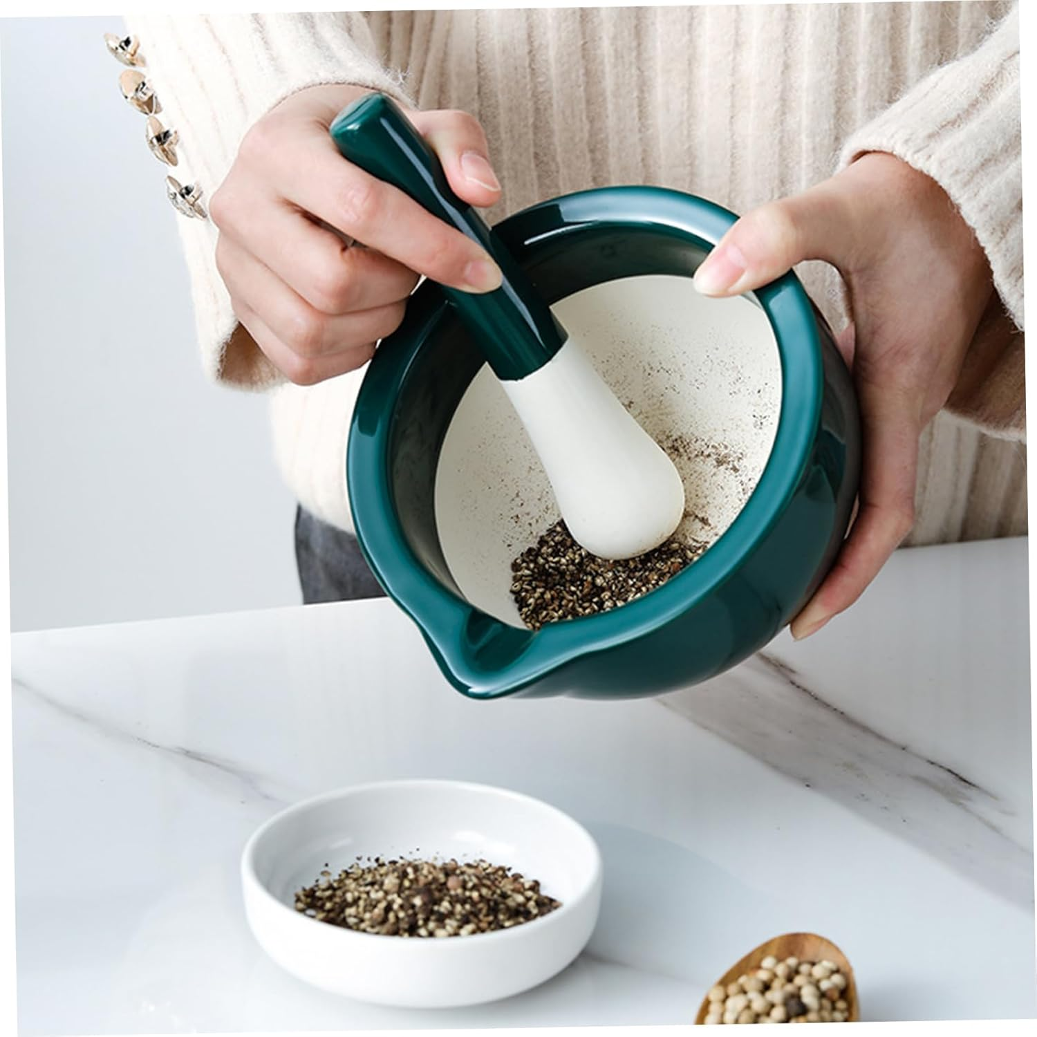 Pestle and Mortar Set Porcelain Spice Grinder Kitchen Manual Herb Grinder Pill Crusher Grinding Bowls for Paste Garlic Ginger Dark Green image number 6