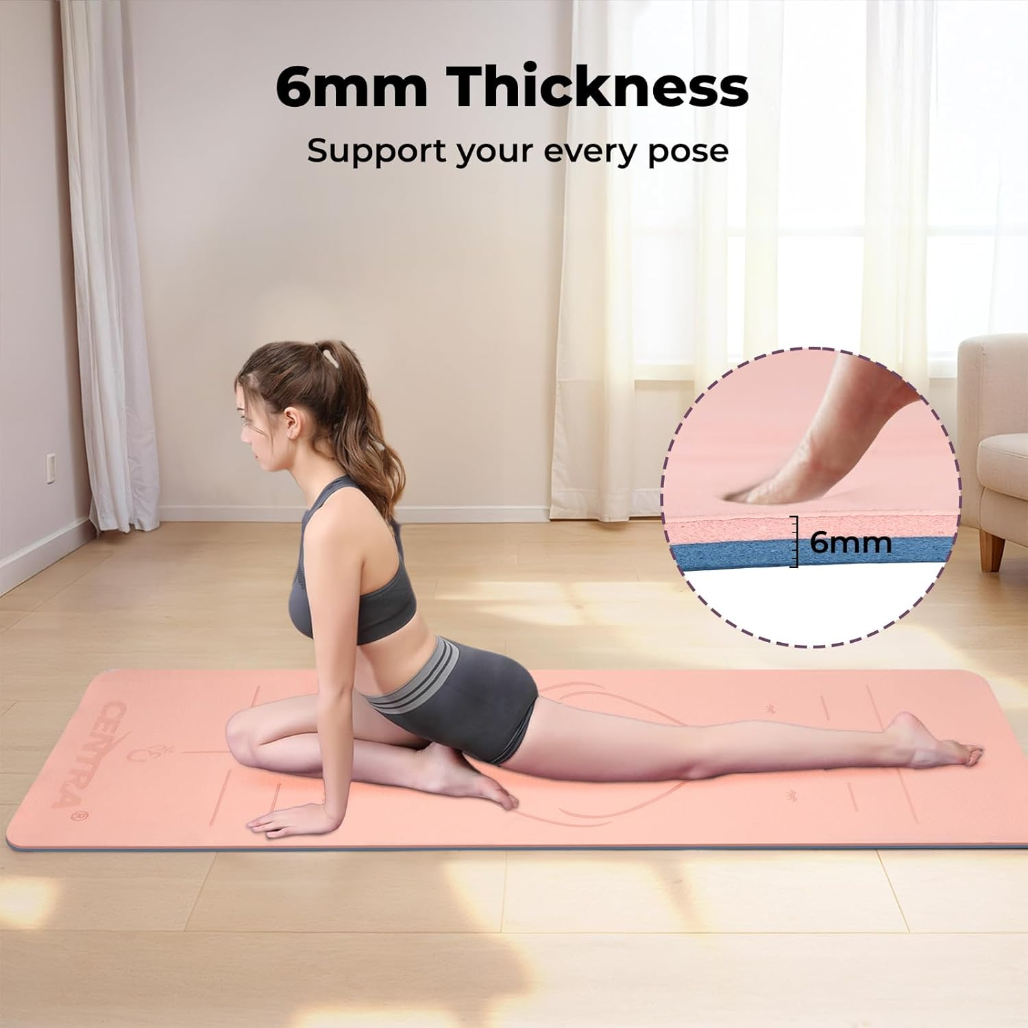 Centra Yoga Mat, Fitness Exercise Mat with Alignment Lines,Dual-Tone Yoga Mat with Carrying Strap,6Mm Thick,Anti-Slip,High Density, Gymnastics, Pilates & Floor Workouts, All-Purpose, Home image number 5