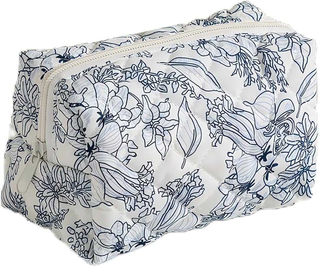 Quilted Makeup Bag, Cute Floral Cosmetic Bag for Women, Cotton Make up Bag, Flower Travel Toiletry Bag Organizer Floral-6 - Floral-1 image number 5