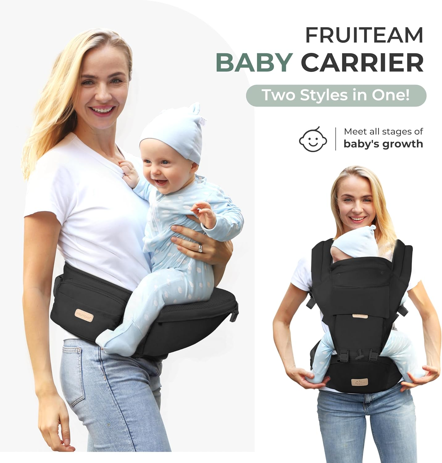 FRUITEAM Baby Carrier, 6-In-1 Baby Carrier with Waist Stool, One Size Fits All -Adapt to Newborn, Baby Hip Carrier for Breastfeeding, Infant & Toddler, Black image number 3
