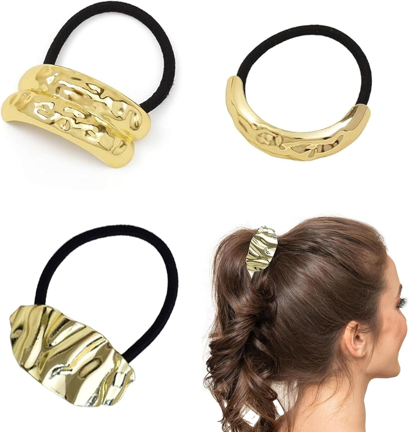 ASOMI Pack of 3 Metal Hair Bobbles, Metal Hair Cuffs, Elastic Hair Band, Geometric Golden Scrunchies Hair Scrunchies Holder, for Women and Girls image number 3