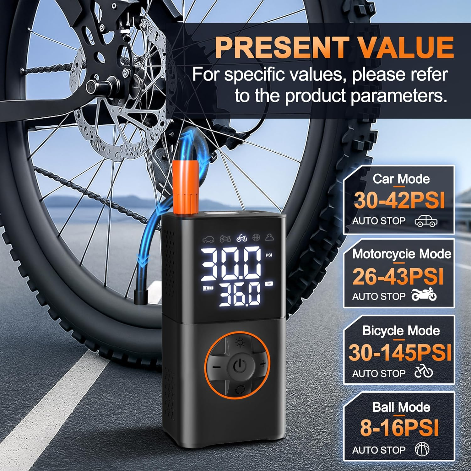 Mxcasoxz Tire Inflator Portable Air Compressor,Cordless Bike Pump with Digital Dual Values Display/Led Lights/Storage Pouch/Auto Shut-Off Function, 150 PSI Air Pump for Cars, Motorcycles, Bikes, Balls image number 3