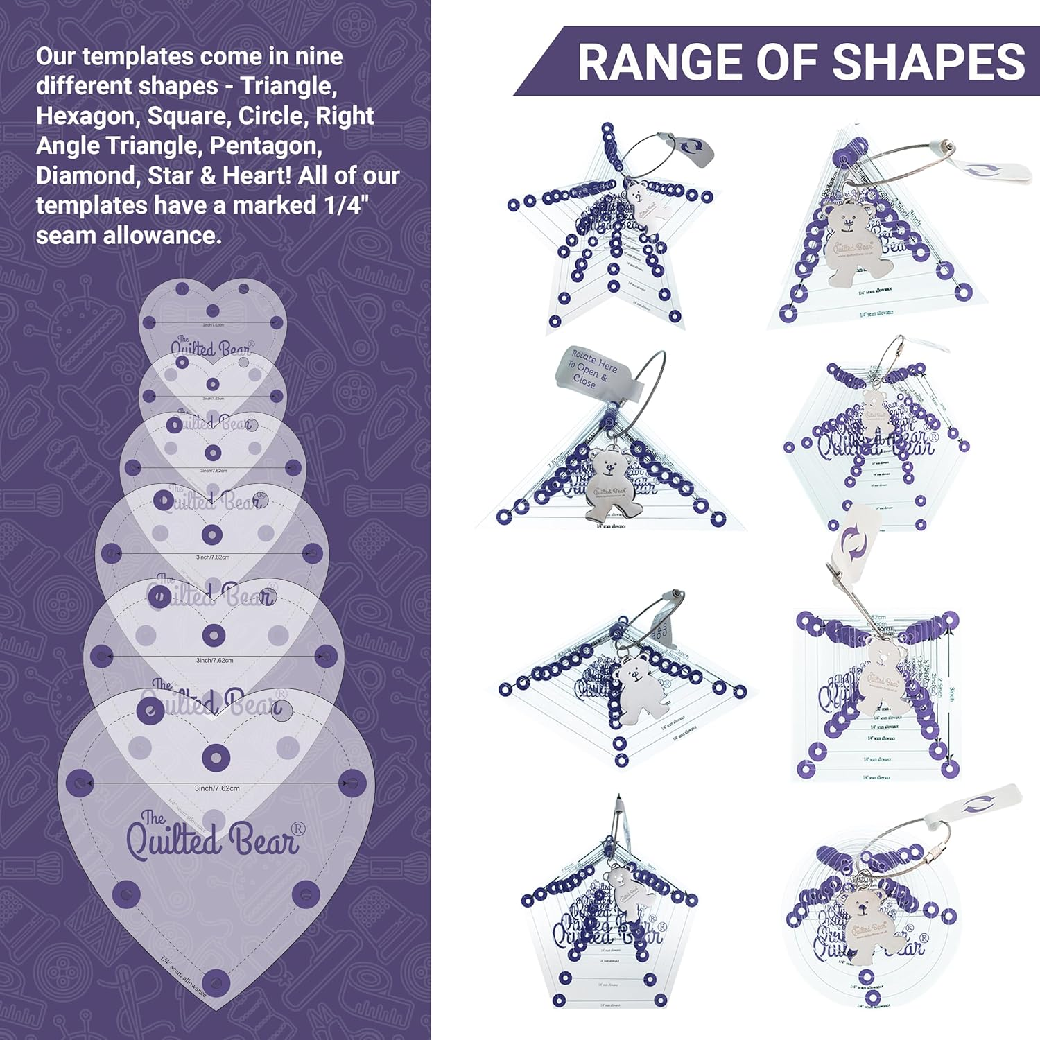 The Quilted Bear Diamond Quilting Templates - Set of 8 Non-Slip Clear Acrylic Templates for Quilting, Patchwork, Dressmaking and Sewing (3/4 Inch - 3 Inches) image number 2