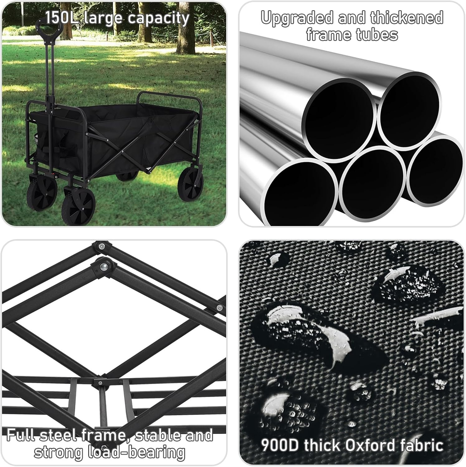 Festival Trolley on Wheels, Camping Folding Wagon, Portable Camping Cart Collapsible Foldable Trolly for Beach Outdoor Garden Picnic Shopping Fishing, Wide Wheels, Adjustable Handle, Black image number 2