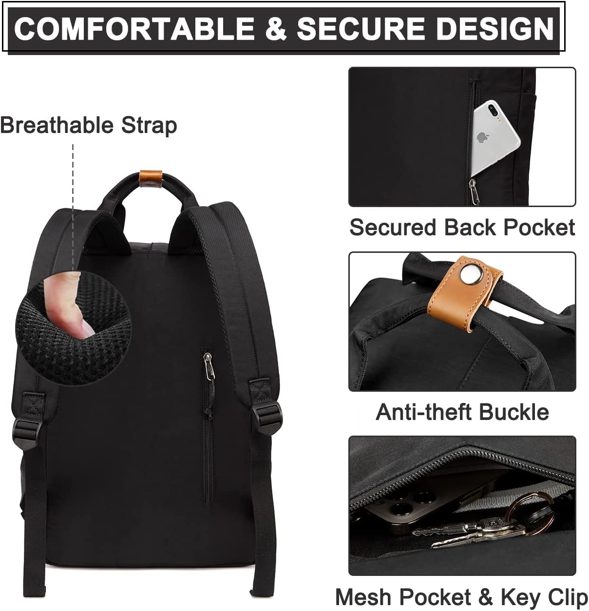 Backpack for Women,Vaschy Vintage Water Resistant 15.6 Inch Laptop School Backpack for Men,Teen Girls Casual Daypack for Travel/Business Black - Black image number 2