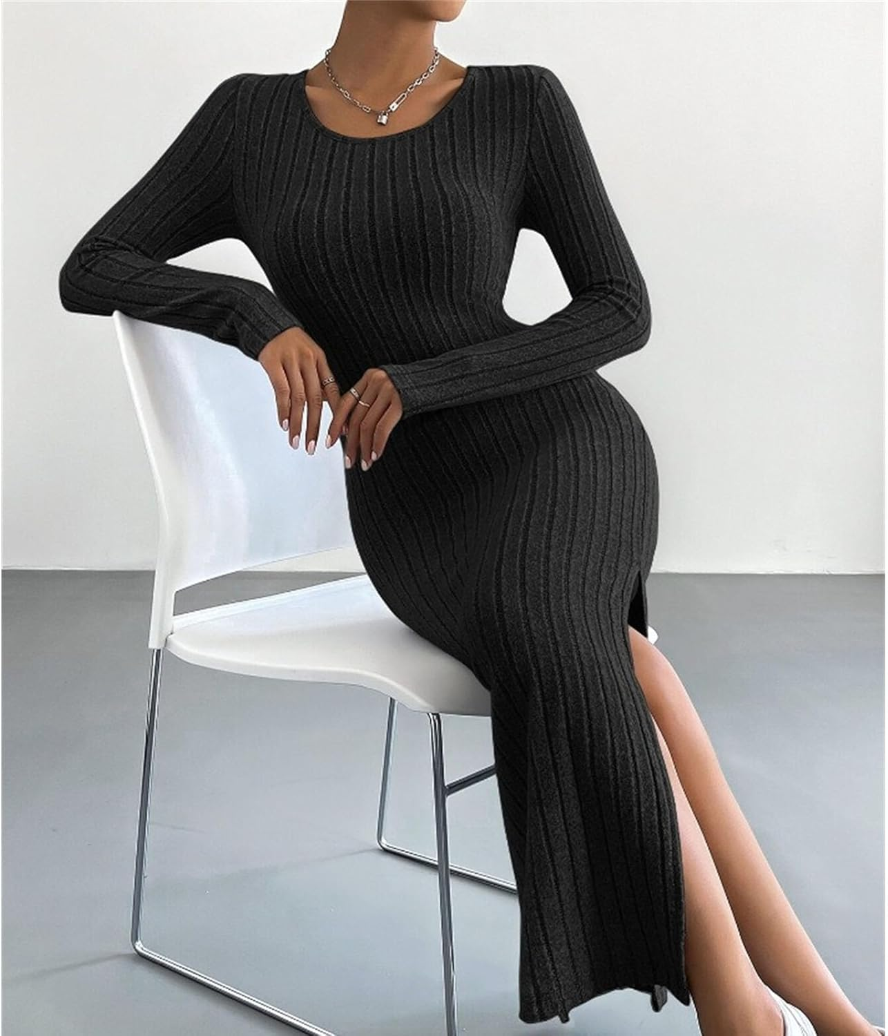 Women'S Long Sleeve Party Long Dress round Neck Split Thigh Rib Pullover Bodycon Solid Color Maternity Dresses