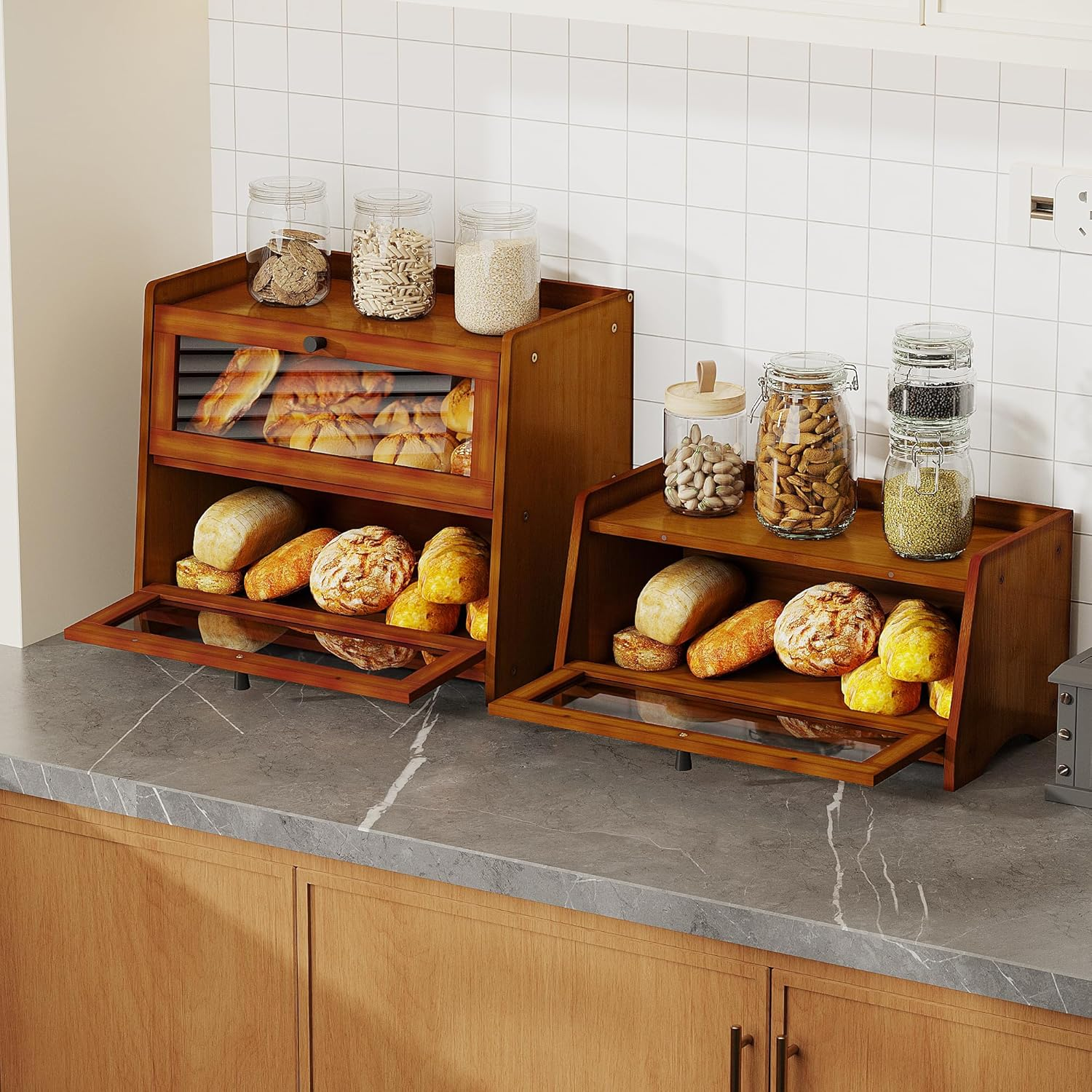 BAMBANG Bread Box for Kitchen Countertop, Extra Large Bamboo Bread Storage Container for Homemade Bread, Double Layer Sourdough Breadox, Bread Bin Organizer for Counter Cabinet Pantry, Brown image number 4