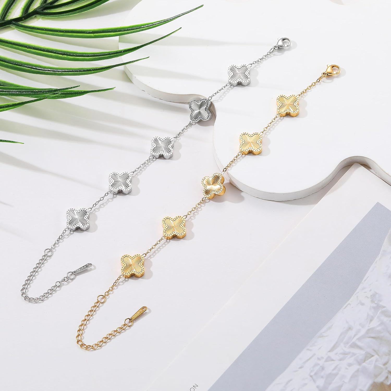 AIPPK 18K Gold Plated Clover Lucky Bracelet for Women Gold/Silver Flower Four Leaf Bracelets Jewelry Gifts for Women Teen Girls image number 5