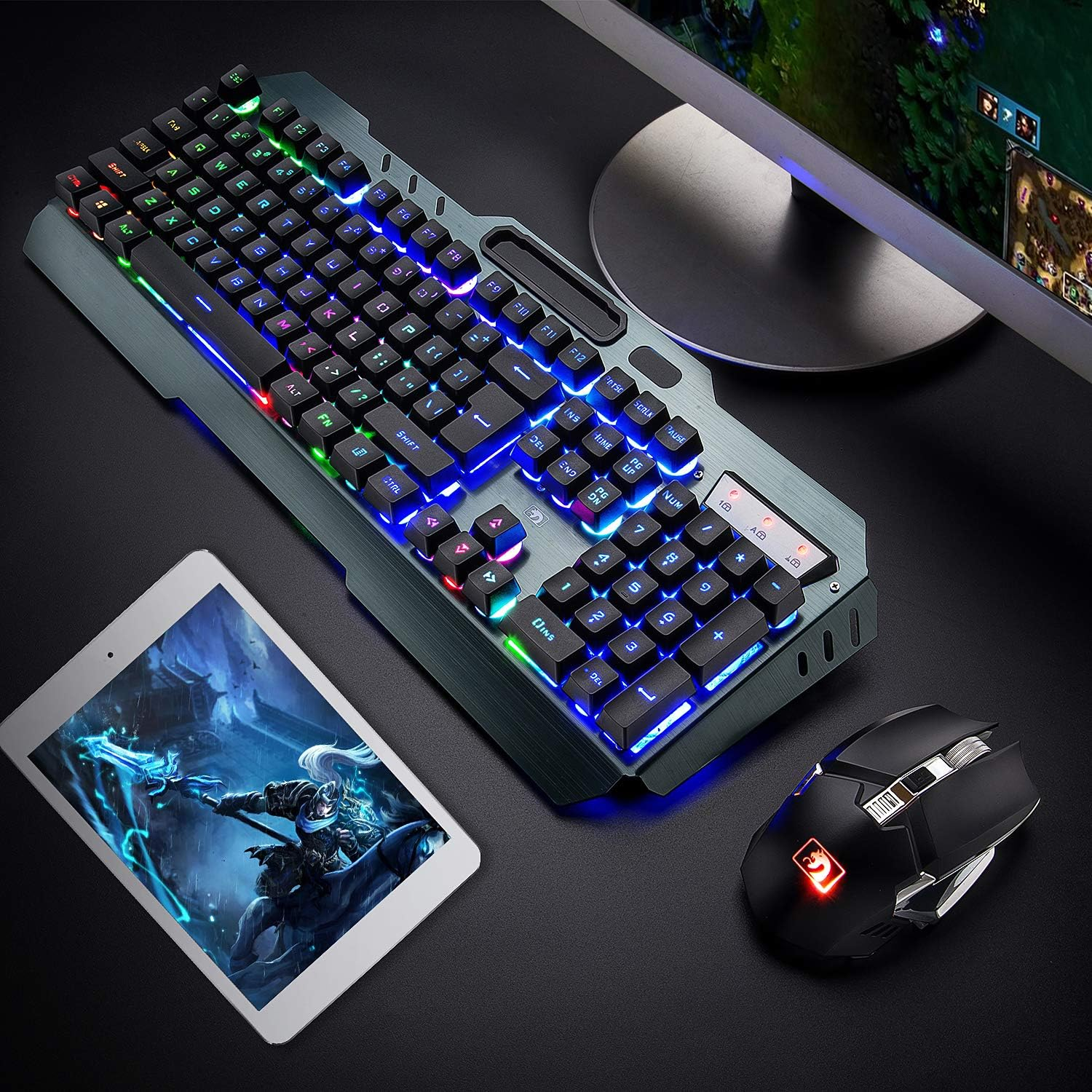 Rechargeable Keyboard and Mouse,Suspended Keycap Mechanical Feel Metal Panel Gaming Keyboard Mouse Combo,3800Mah Large Capacity Lithium Battery,Anti-Ghosting (Rainbow) image number 5