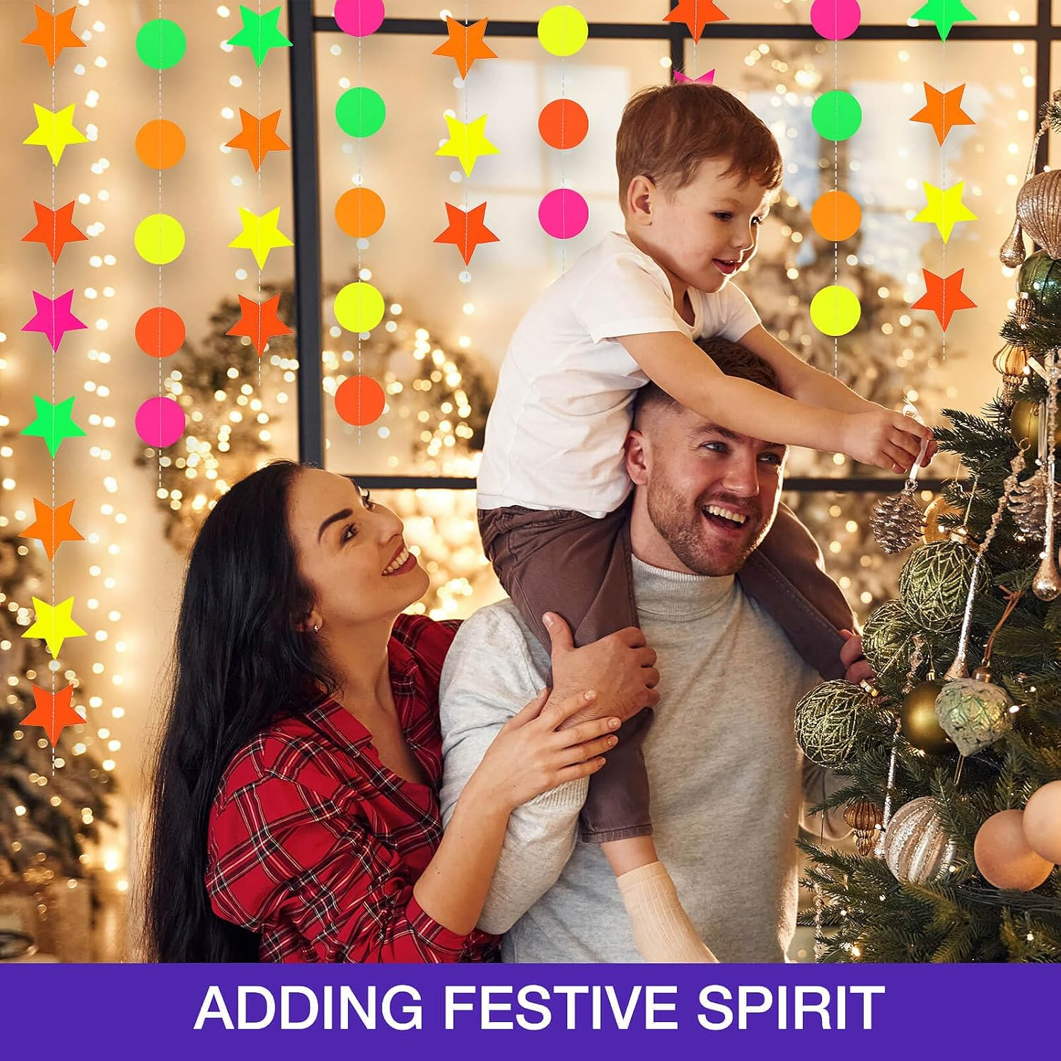 Dayker UV Neon round Garland, Star Paper Neon Streamers Banner, Reusable Blacklight Fluorescent Decorations Glow in the Dark Party, UV Reactive for Party Supplies Wedding Birthday Decor, Total 32.49Ft image number 2