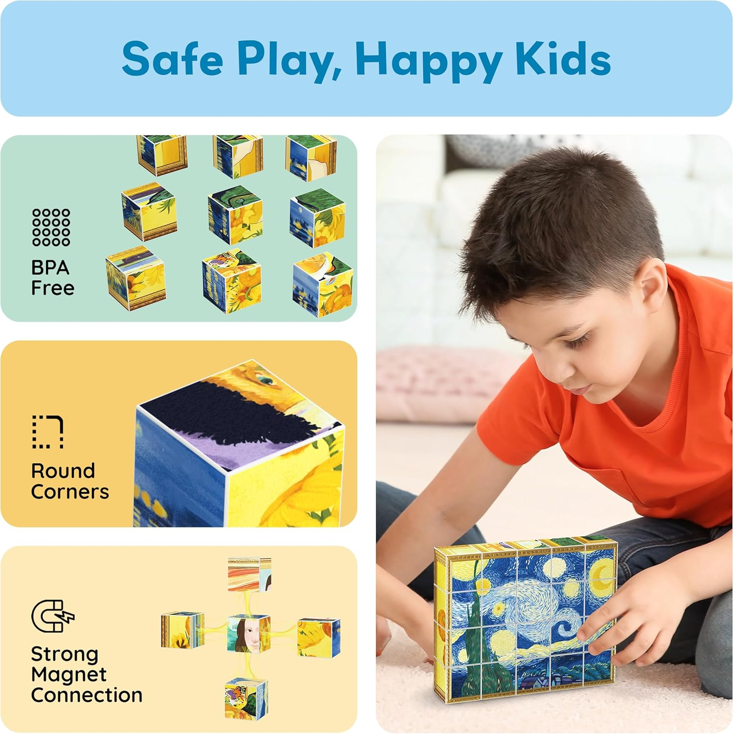 Picassotiles 1&rdquo; Magnetic Puzzle Building Cubes Blocks for Kids, Van Gogh Puzzle, Mona Lisa Hand Puzzle, Kids Toys 3+ Year Old Boy Girl, STEM Toys, Toddler, Teen,Young Explorers,Educational Popular Art