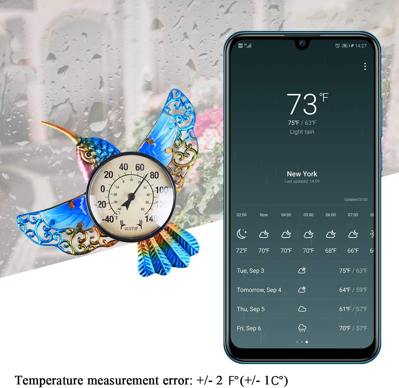 MUMTOP Indoor Outdoor Thermometer Hummingbird Waterproof Wall-Mounted Thermometer Exquisite Decoration Does Not Require Any Battery image number 4