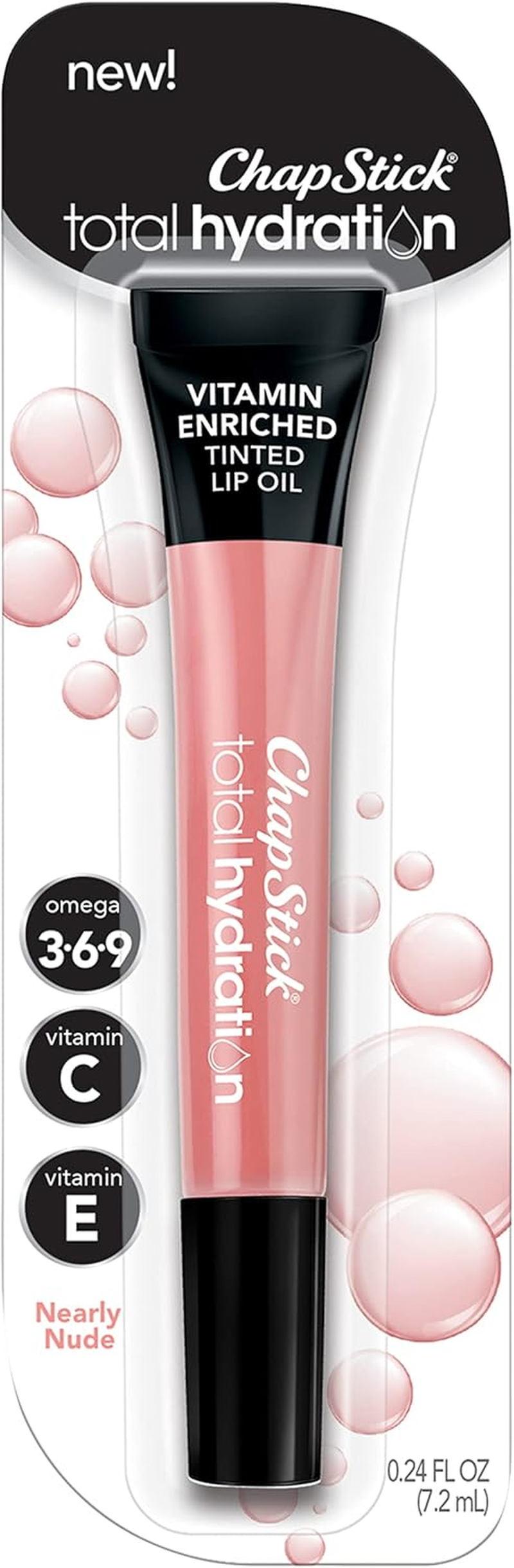Chapstick Total Hydration Vitamin Enriched Tinted Lip Oil (Nearly Nude, 1 Tube), Vitamin C, Vitamin E, Contains Omega 3 6 9, 0.24 Ounce