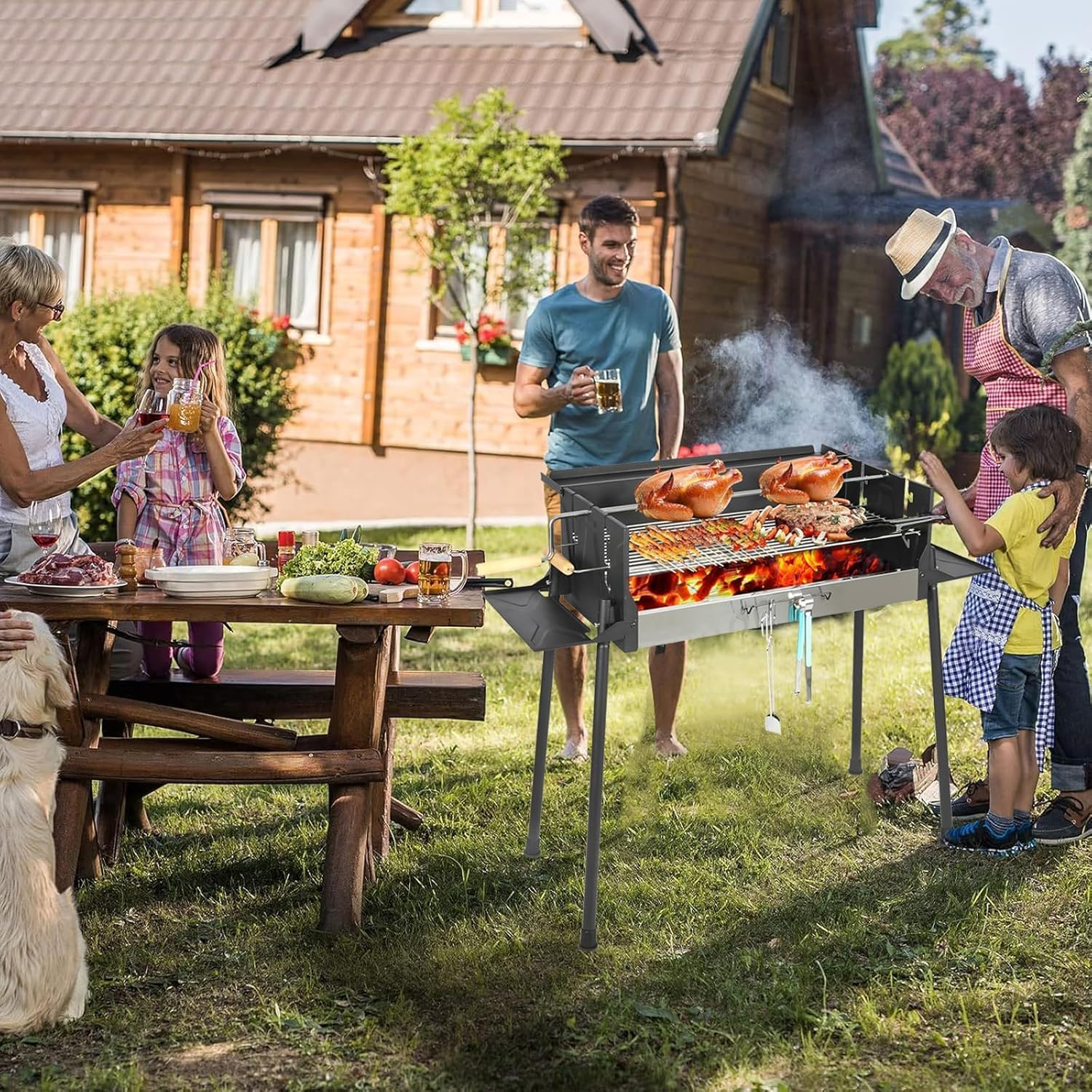 Foldable Portable Charcoal Grill, Large Outdoor BBQ Grill with 3 Adjustable Heights, Detachable Charcoal Grill with Stand for Garden Picnic Outdoor Cooking