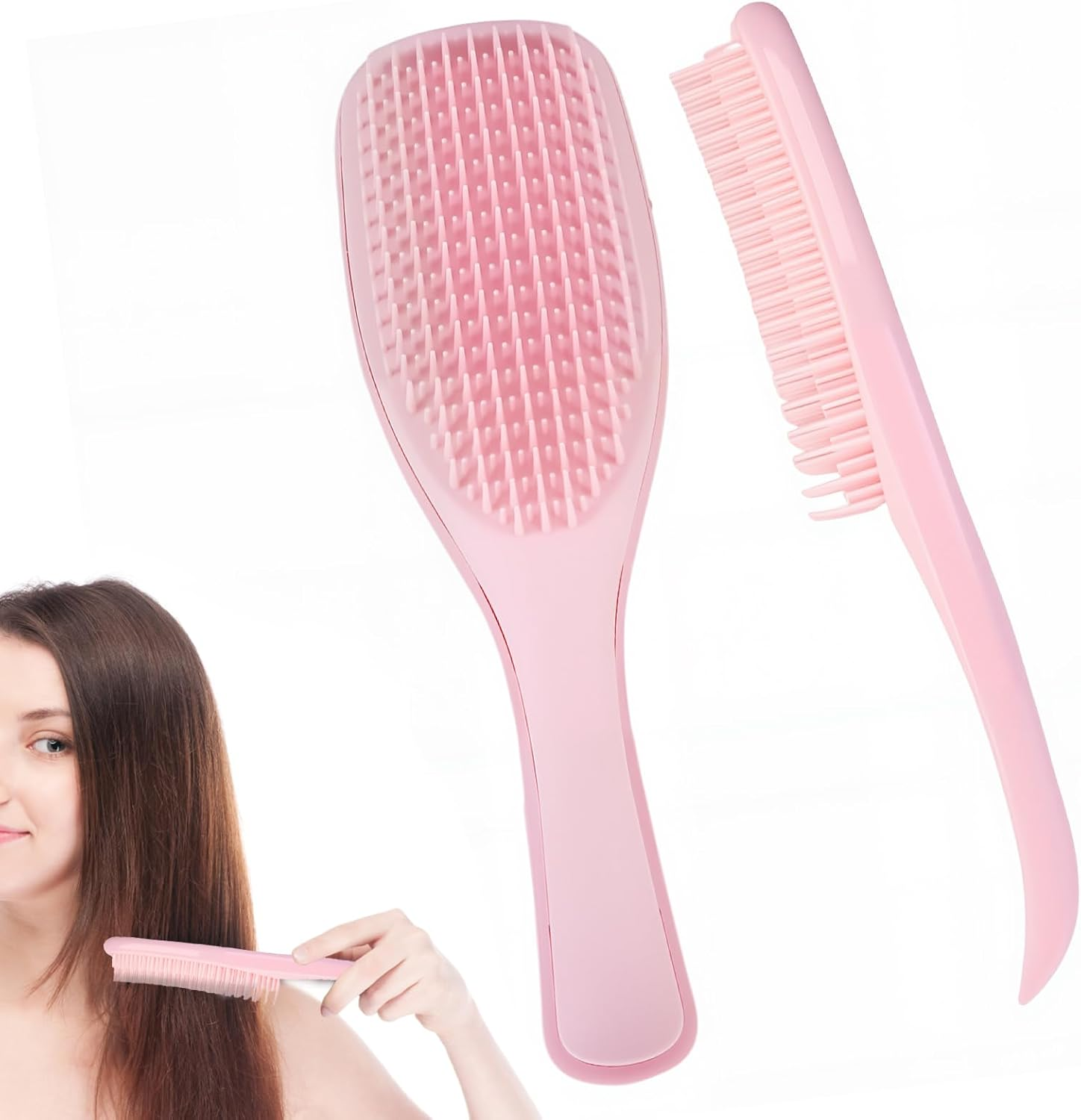 Hair Brush Wet Detangler Hairbrush Curly Hair Brush Defining, Volume Brush for Curly Hair, Detangling Hair Brush Gentle on Wet Hair Two-Tiered Teeth Comfortable Handle Hair Brush for Girl Women(Pink) image number 6
