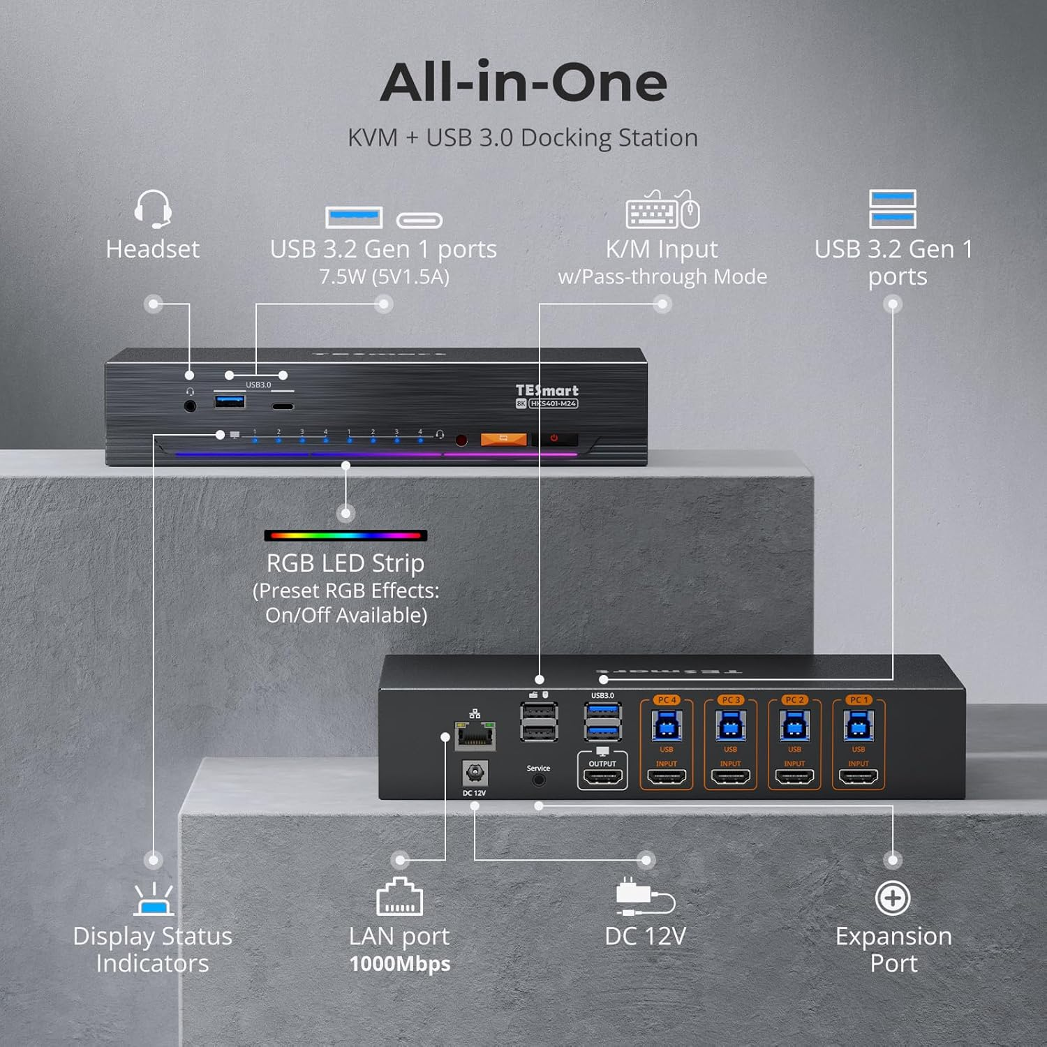 Tesmart 8K@60Hz HDMI KVM Switch 4 Computers 1 Monitor USB 3.0, 4 Port KVM 4K@144Hz for Gaming, EDID Emulators, Hotkey Switch, ADI Chip, Audio & Microphone with All Input Cables image number 3