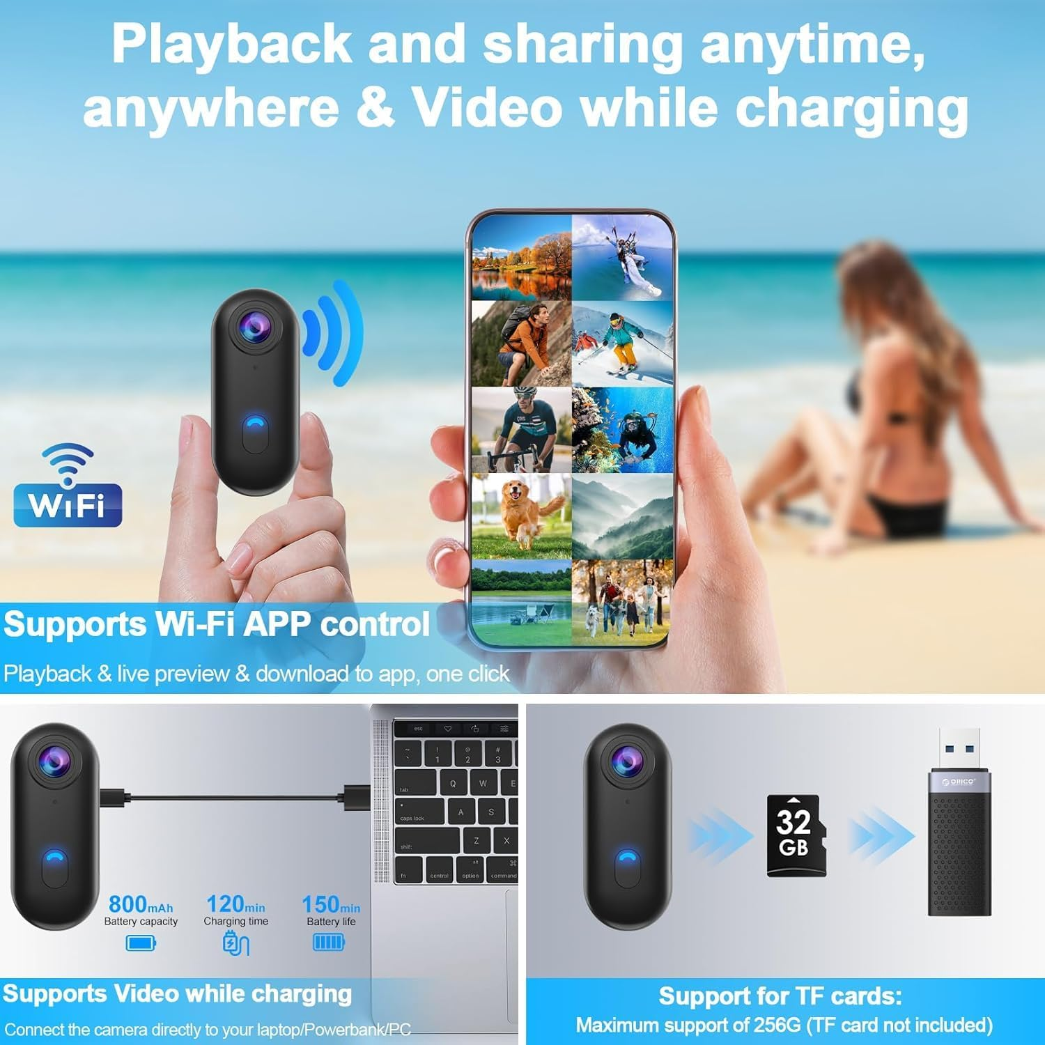 B-Qtech 4K Action Camera, 360&deg; Mini POV Portable Magnetic Body Camera, Underwater Camcorder 30M Waterproof Wifi Wearable Video Recorder 120&deg; Wide Angle for Work Travel Pet Walk Vlog image number 3