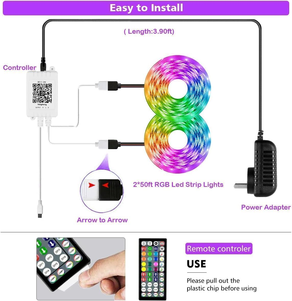 100Ft LED Lights Room Decor, KIKO 30M Led Lights Strip for Bedroom Smart Color Changing 3535 RGB Light Strips with Bluetooth Controller Sync to Music Apply for TV, Bedroom, Party and Home Decoration image number 3