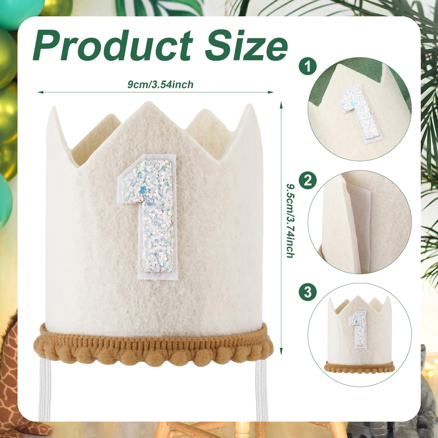 PEUTIER First Birthday Crown Hat for Baby, 1St Birthday Hat with Elastic Band, Concise Cute Birthday Hat Decorations Baby 1St Birthday Party Supplies for Boys Girls (White) image number 1