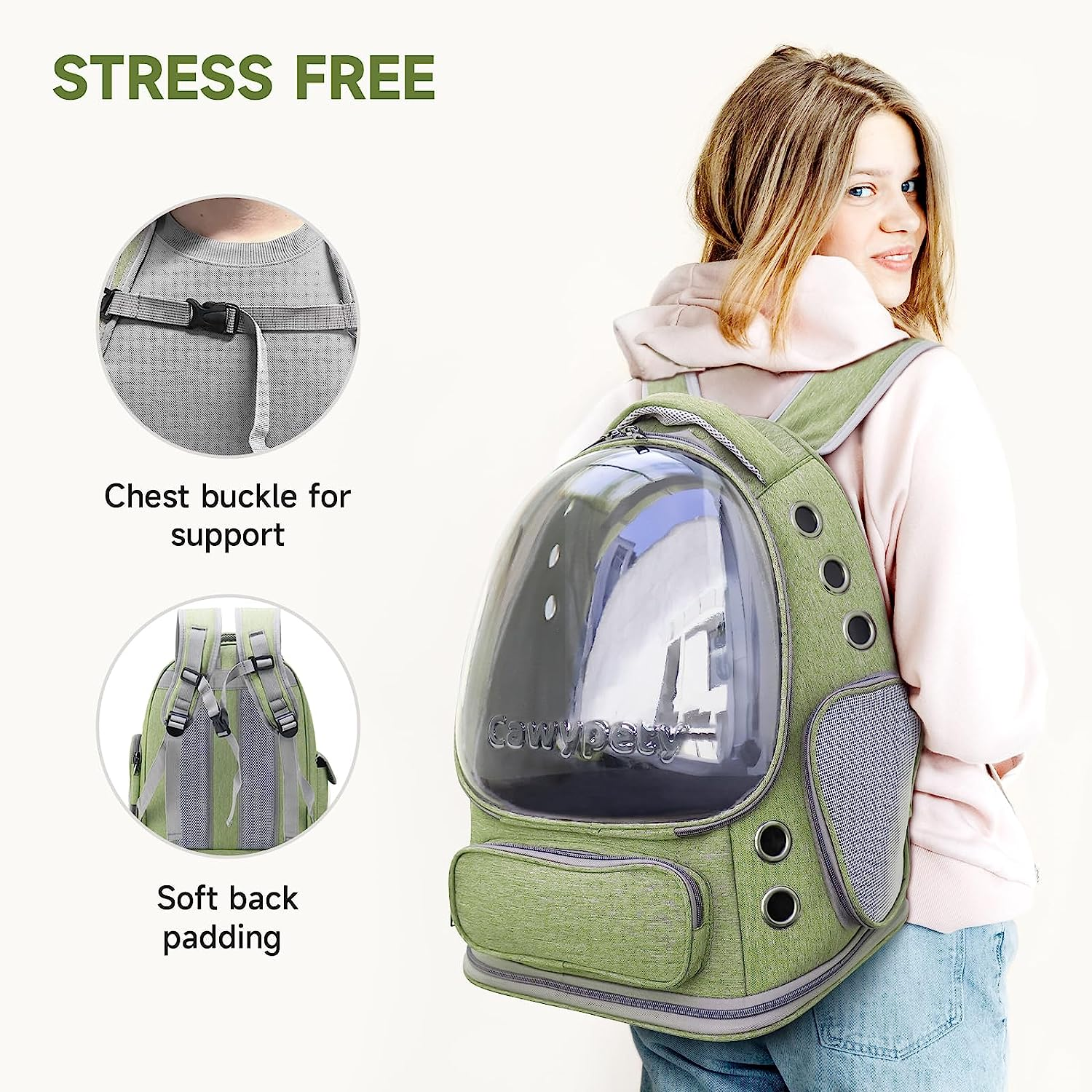 Cat Backpack Carrier, Breathable Cat Carrier Foldable Bubble Backpack for Kitty to Medium Cat Small Dog up to 15Lbs Travel Hiking Transparent Pet Carrier - Green image number 5