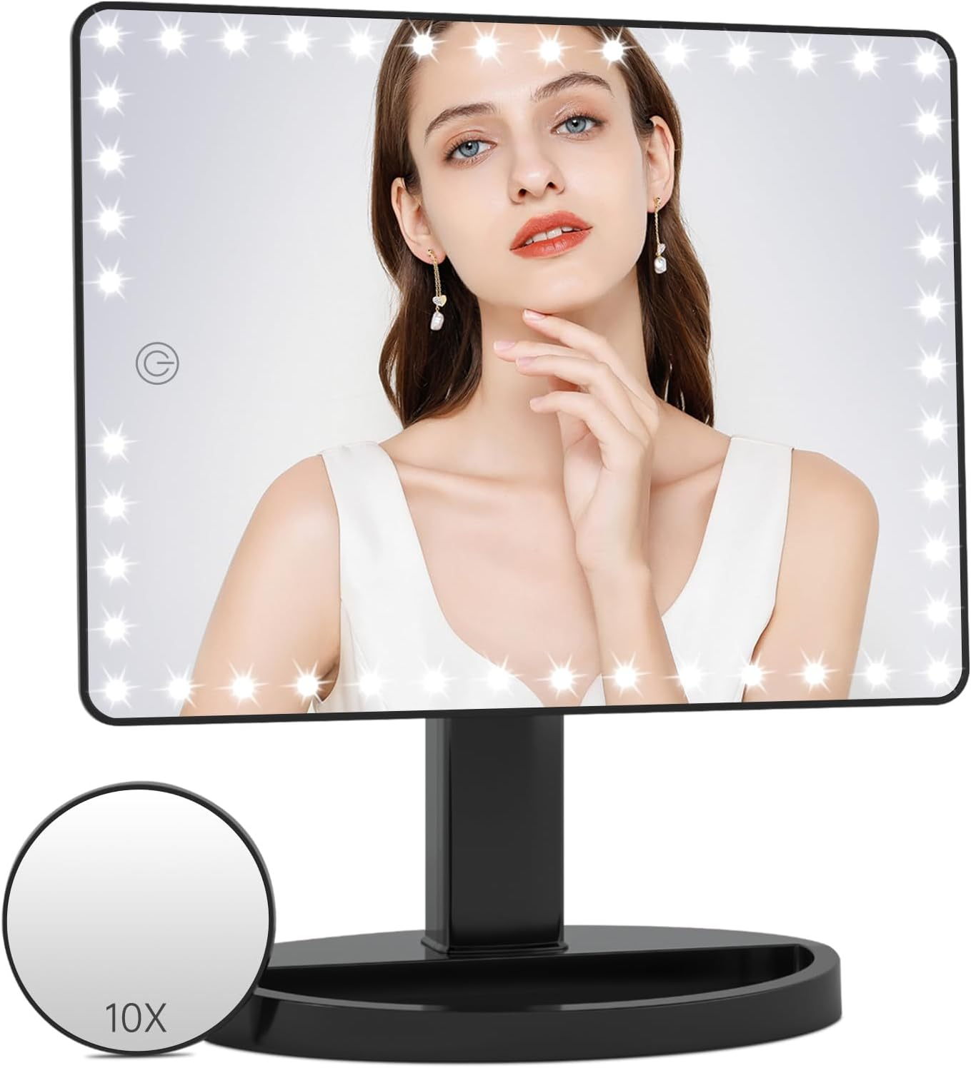 FUNTOUCH Large Lighted Vanity Makeup Mirror (X-Large Model), Light up Mirror with 35 LED Lights, Touch Screen and 10X Magnification Mirror, 360&deg; Rotation Tabletop Cosmetic Mirror (Black) image number 6