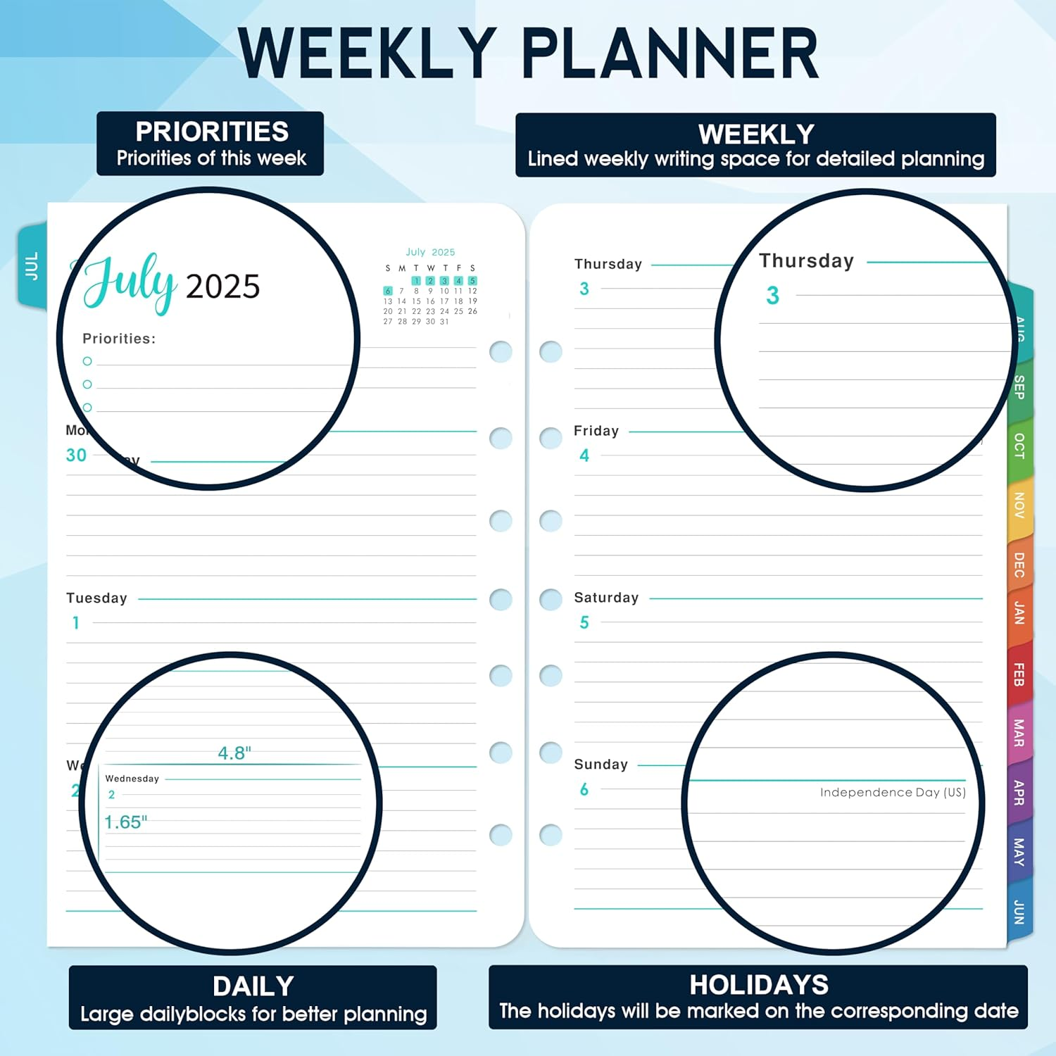 2025-2026 Monthly Planner Refills - 7-Hole Planner Inserts from JULY 2025 to JUNE 2026, 5.5'' X 8.5'', A5 Planner Refills, 2025-2026 Weekly and Monthly Calendar with 7-Hole Punched image number 5