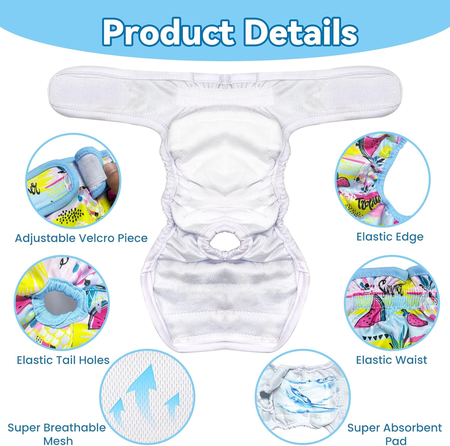 3PCS Female Pet Dog Cat Nappies Set,Washable Sanitary Wraps Panties for Puppy Reusable Nappies Super Absorbent Diapers for Small Medium Large Incontinence Dog image number 4