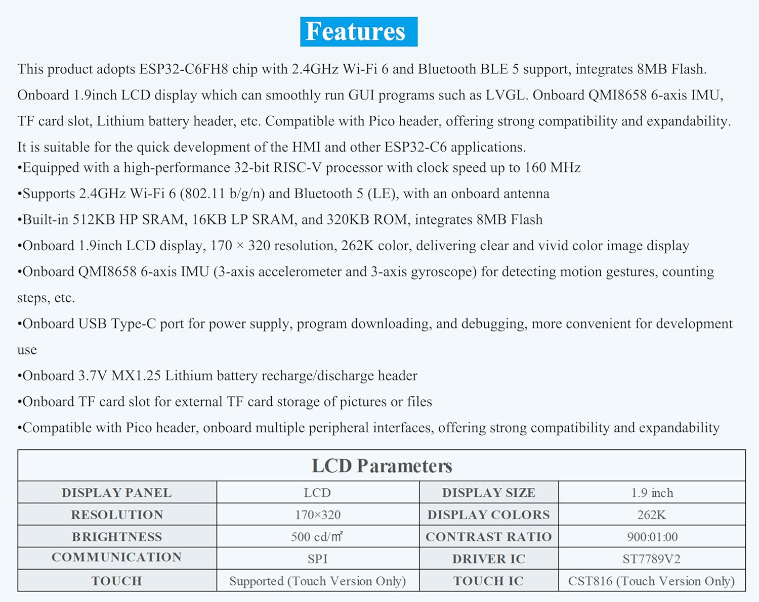 ESP32-C6 1.9Inch Touch LCD Display Development Board, 170X320 Pixels, 262K Color, 160Mhz Running Frequency RISC-V Single-Core Processor, Wf-I 6 & BLE, ESP32 with Display,Compatible with Pico Header image number 2