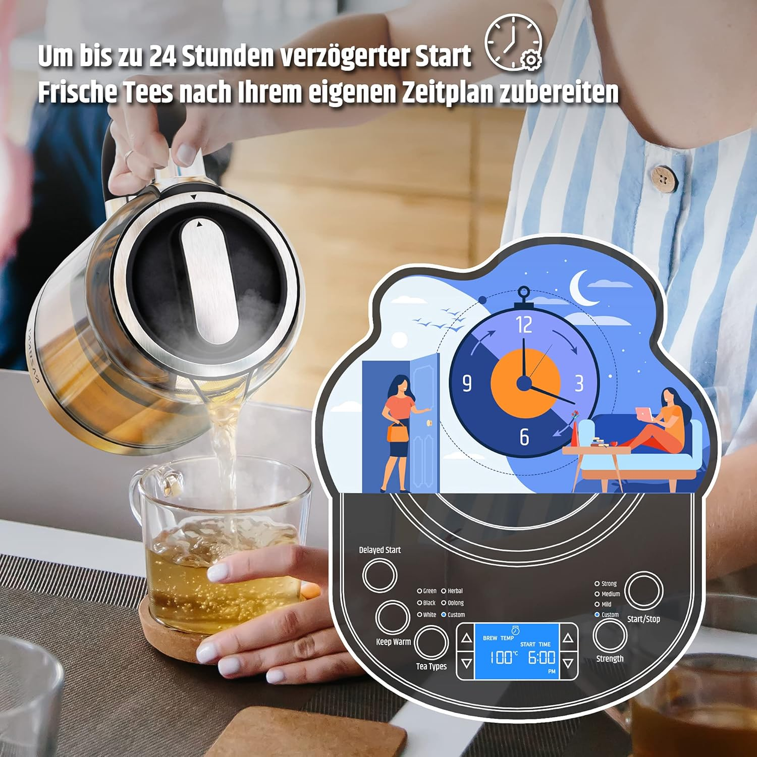 Razorri Electric Tea Maker - 1.7 L, Automatic Lifting Basket, BPA Free, 5 Types and 3 Brewing Strengths, Keep Warm up to 60 Minutes, Programmable Time, with Stainless Steel image number 4