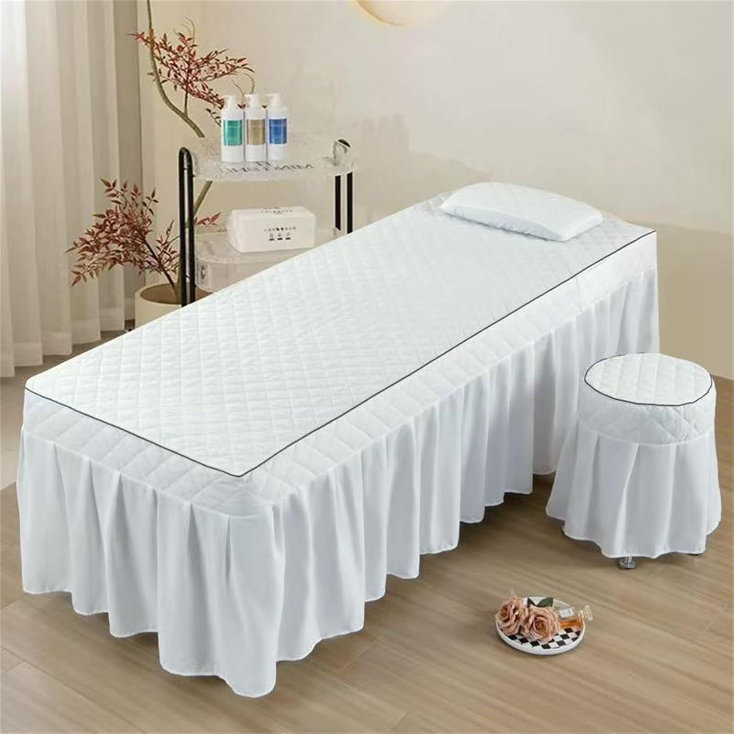 MWNAGO Massage Table Skirt with Hole,Quilted Pattern Massage Table Cover,Thickened Massage Linens, Massage Fitted Sheet, Massage Face Rest Cover with Hole, Sutiable for Beauty 75"X31.5" (White) - White image number 2
