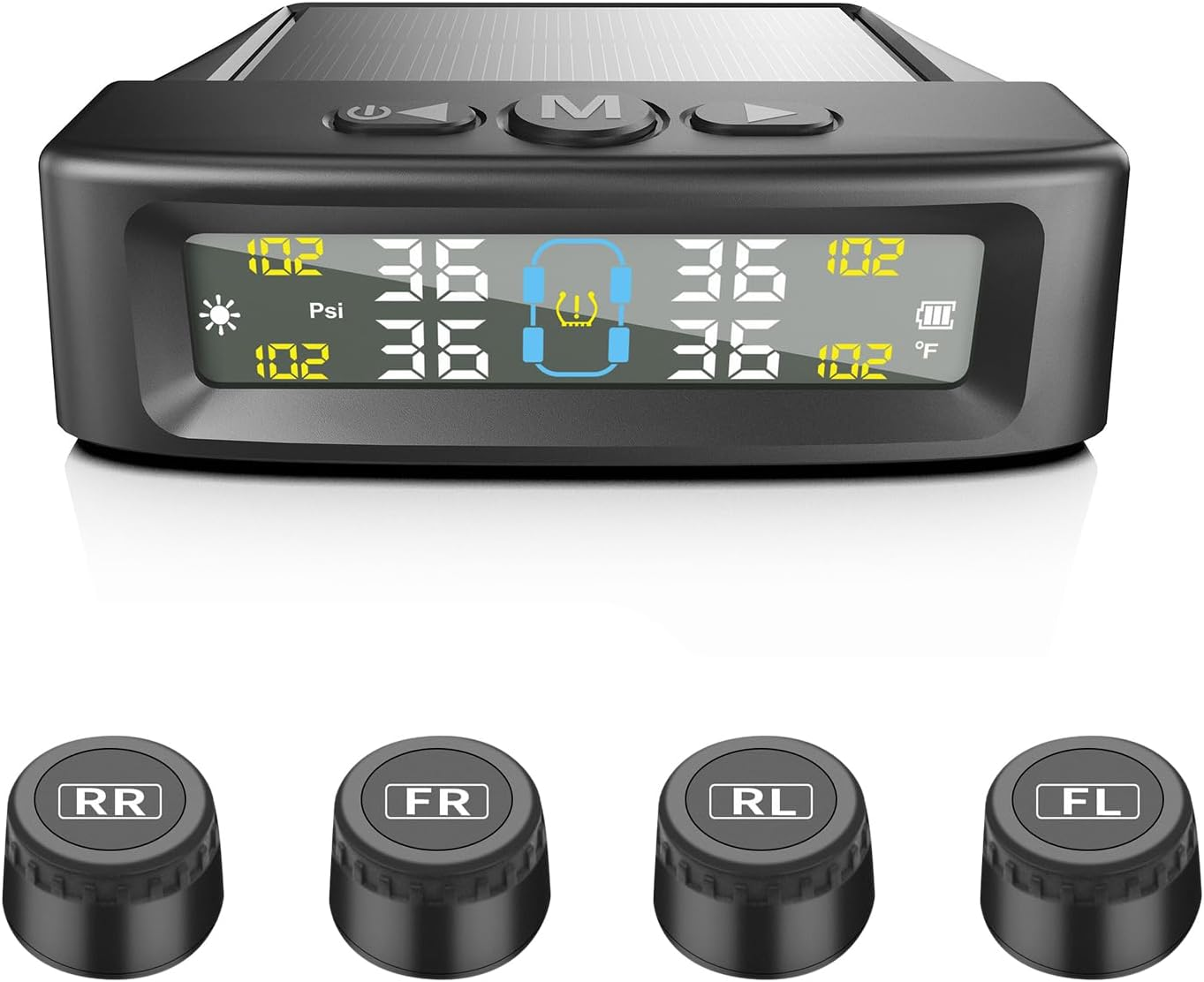 Tire Pressure Monitoring System with 4 External Sensors, TPMS Tire Pressure Monitor System & 6 Alarm Modes, Solar & USB Charge, Easy to Install, LCD Real-Time Display, Auto Sleep Mode image number 2