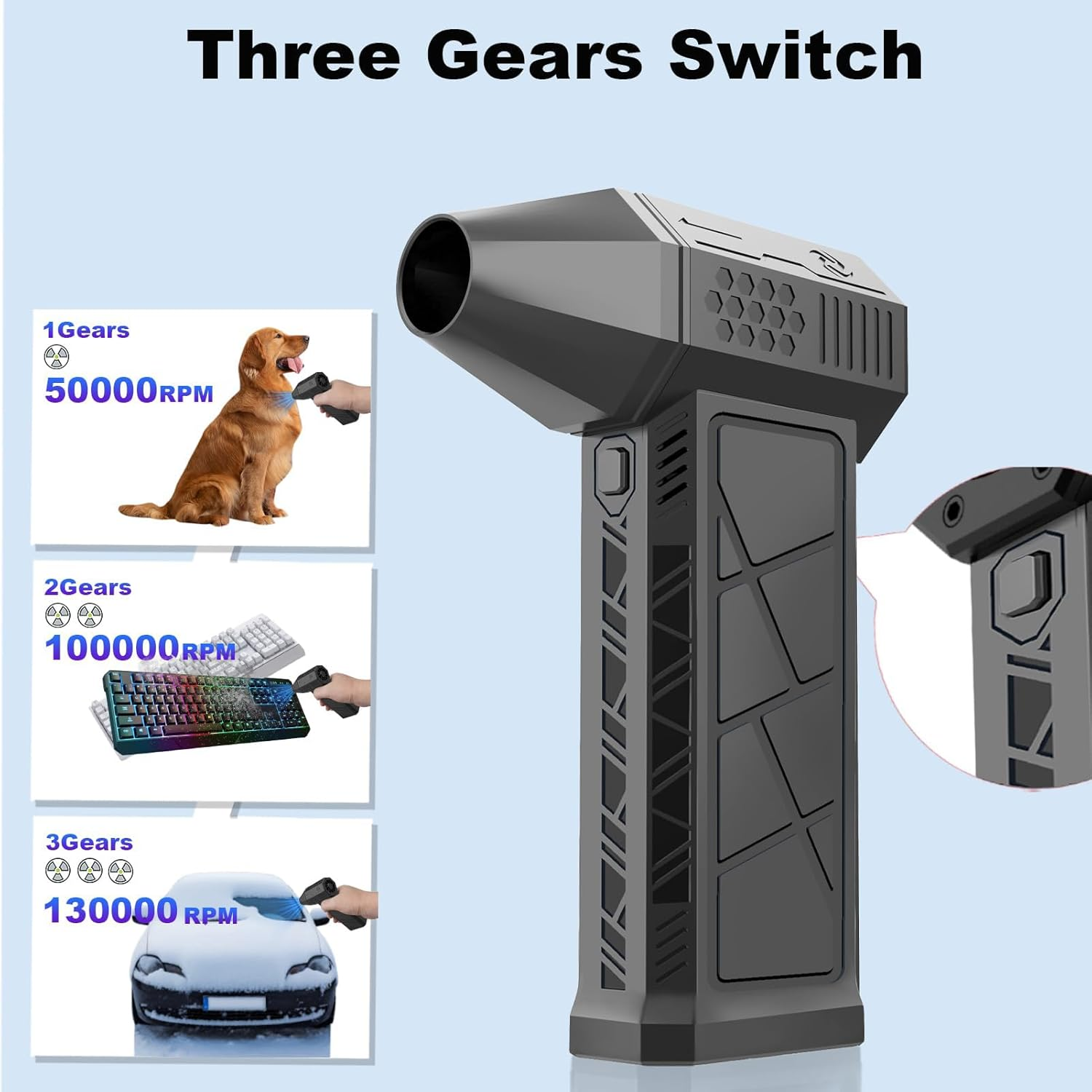 QUIXNOVA Electric Turbine Duster - 130000RPM Compressed Air Duster，8000 Mah Battery，3 Gear Adjustable Jet Dry Blower Can Reusable Can for Computer Keyboard,Outdoors,Car,Home image number 4